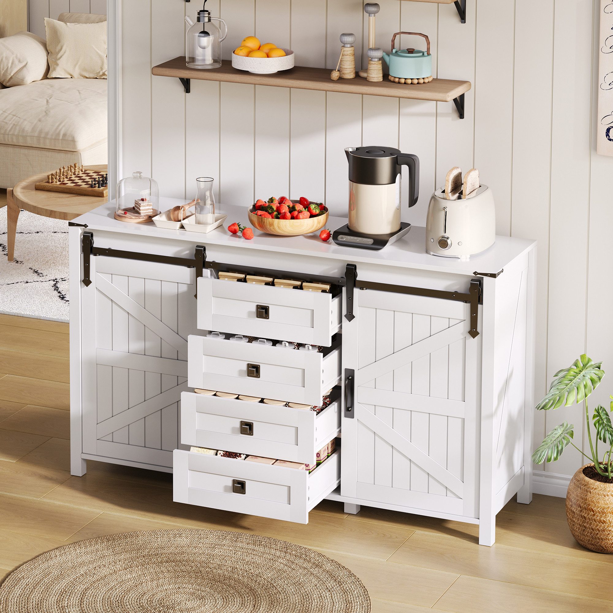 HAUSS SPOLE Sideboard mit Schubladen,Vintage Buffetschrank mit Stauraum,Beistellschrank Weiß (Vintage Sideboard mit Schiebetüren & 4 Schubladen – 137 cm, Weiß, Robustes MDF, Geräuscharme Schubladen, Stabil mit Kippschutz, Multifunktional für Küche, Esszimmer, Wohnzimmer), mit Schiebetüren und 4 Schubladen