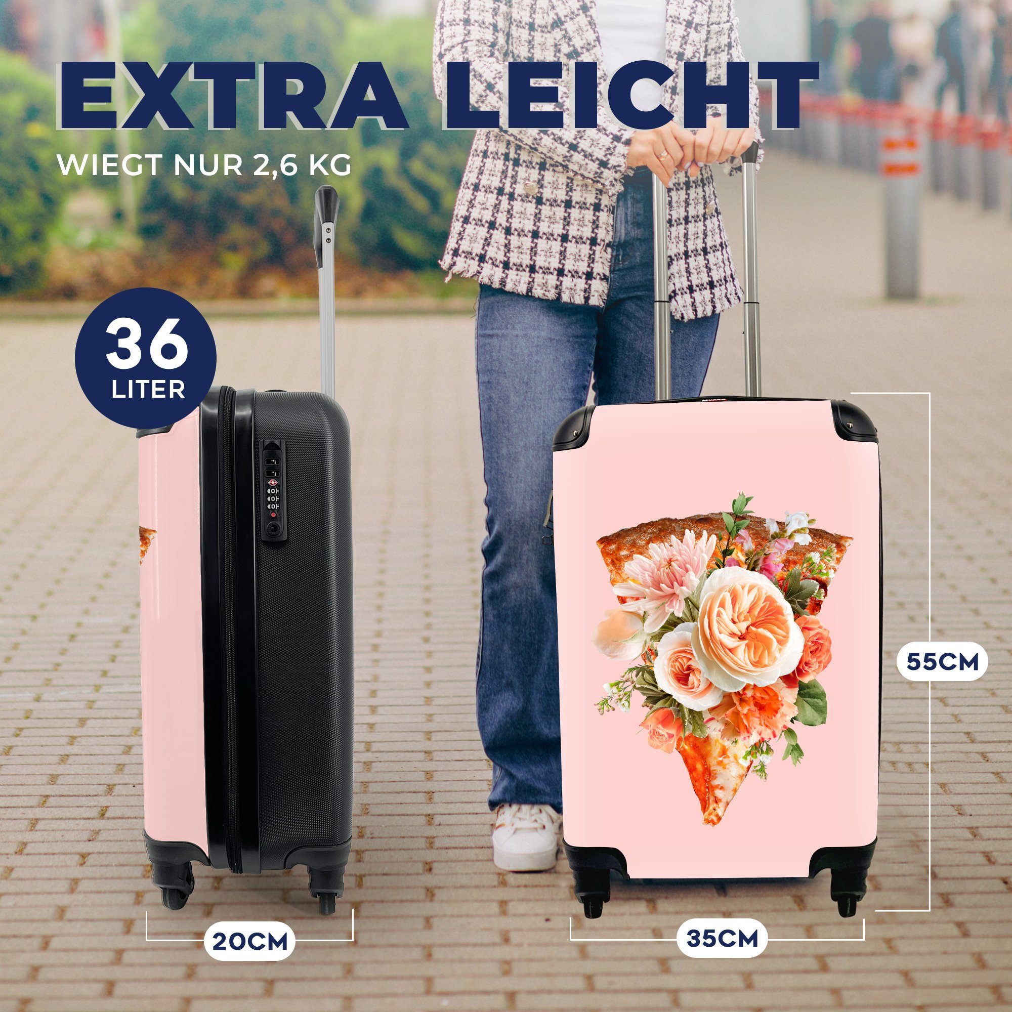 MuchoWow Handgepäckkoffer mit Handgepäck 4 Pizza Rollen, rollen, Reisetasche Stilleben - Reisekoffer Blumen, für - Ferien, Trolley