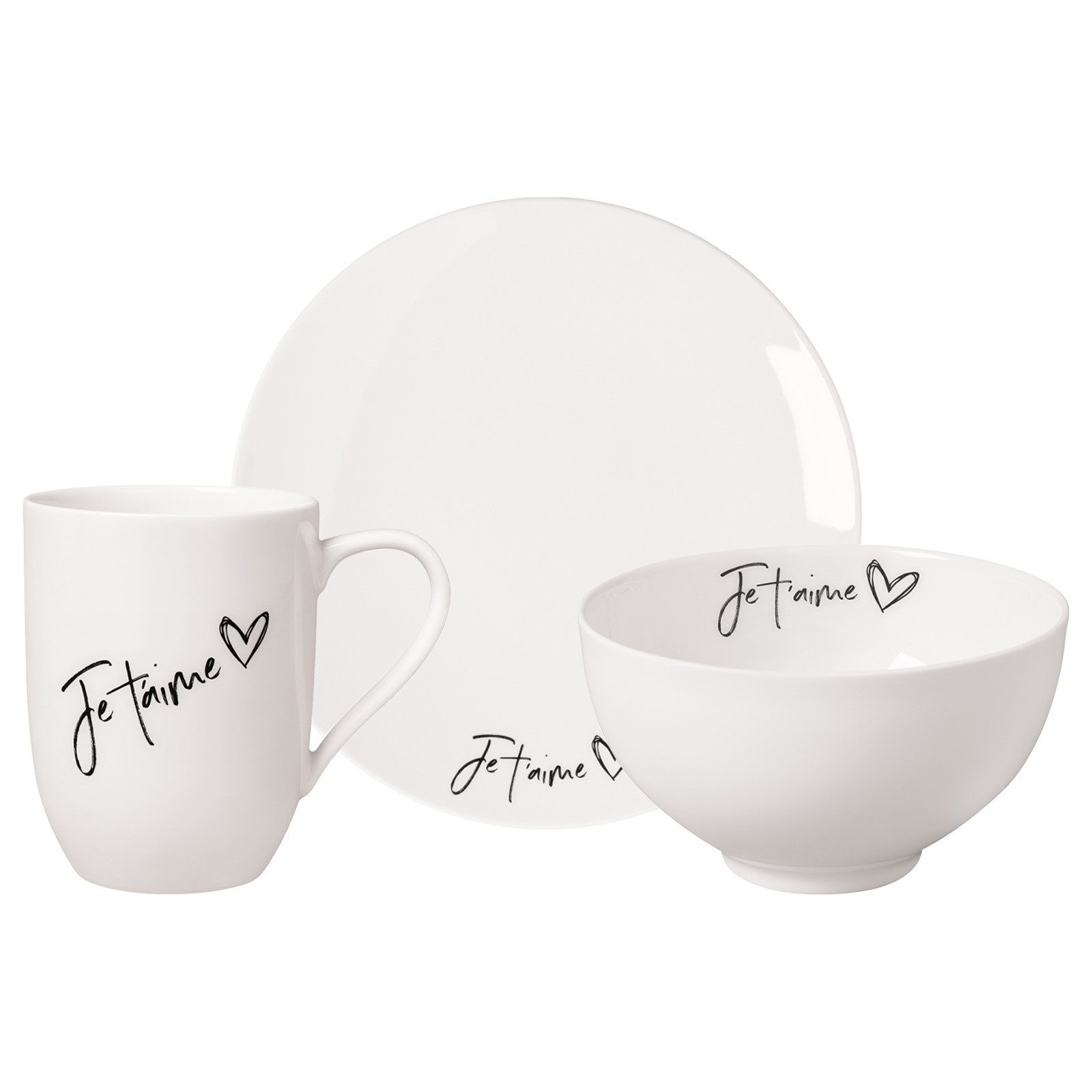 Villeroy & Boch Frühstücks-Geschirrset Statement Frühstücks-Set Je t'aime 3er Set (3-tlg), 1 Personen, Porzellan