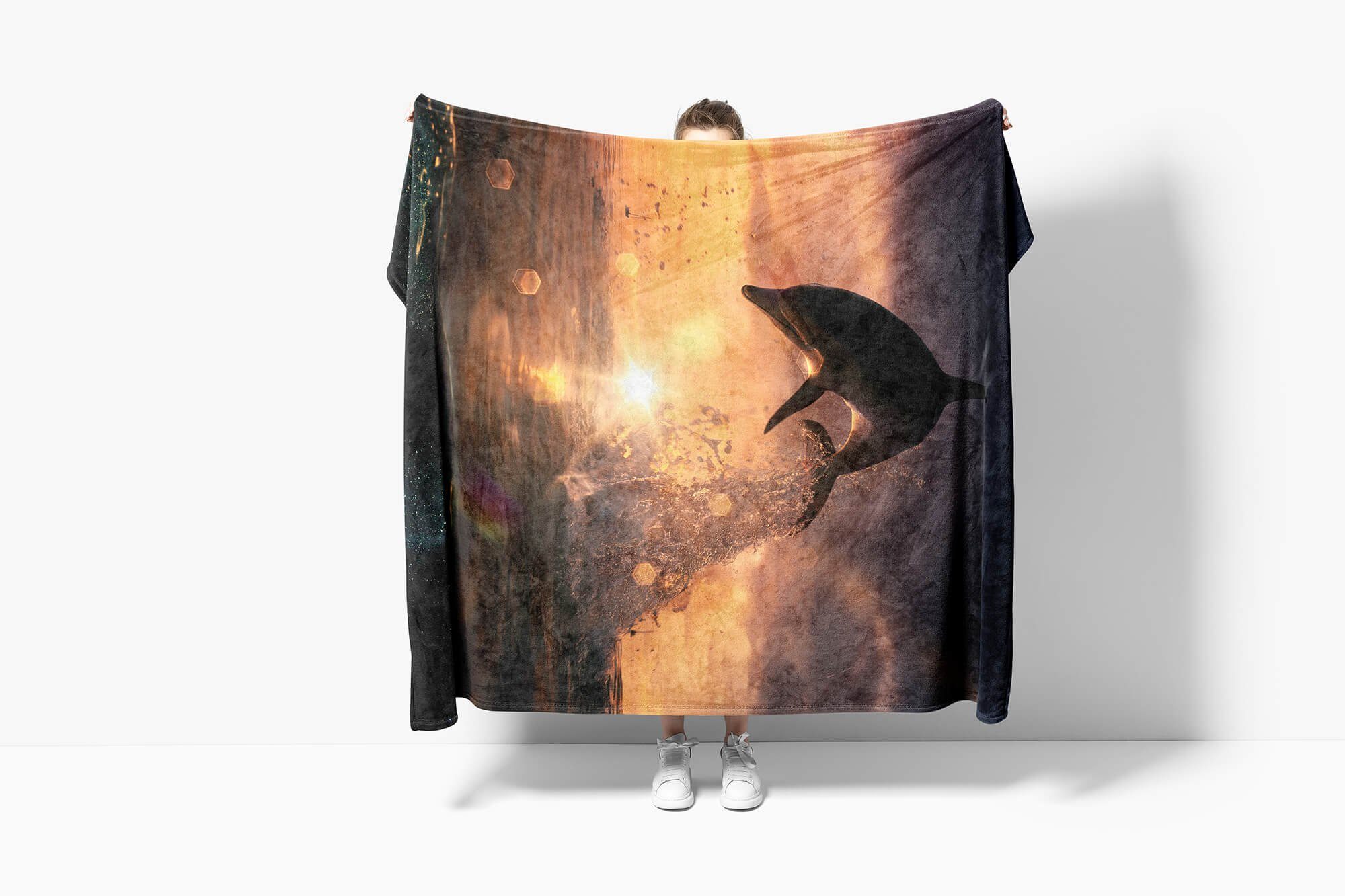 Fotomotiv Saunatuch Delfin Abend, Handtücher Meer Strandhandtuch mit Sinus Baumwolle-Polyester-Mix Handtuch Art (1-St), Kuscheldecke Handtuch