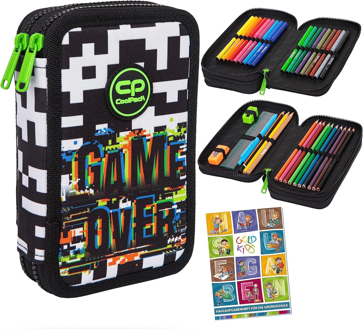 GOLDKIDS Federmäppchen COOLPACK 2-fache Federtasche Federmappe, (Game OVER 35-teilig Schüleretui Stifte und Pinsel Fanartikel, 1-tlg., inkl. Aufgabenheft Federbox Etui), Stiftetasche Schlamper-Etui Schul-Etui