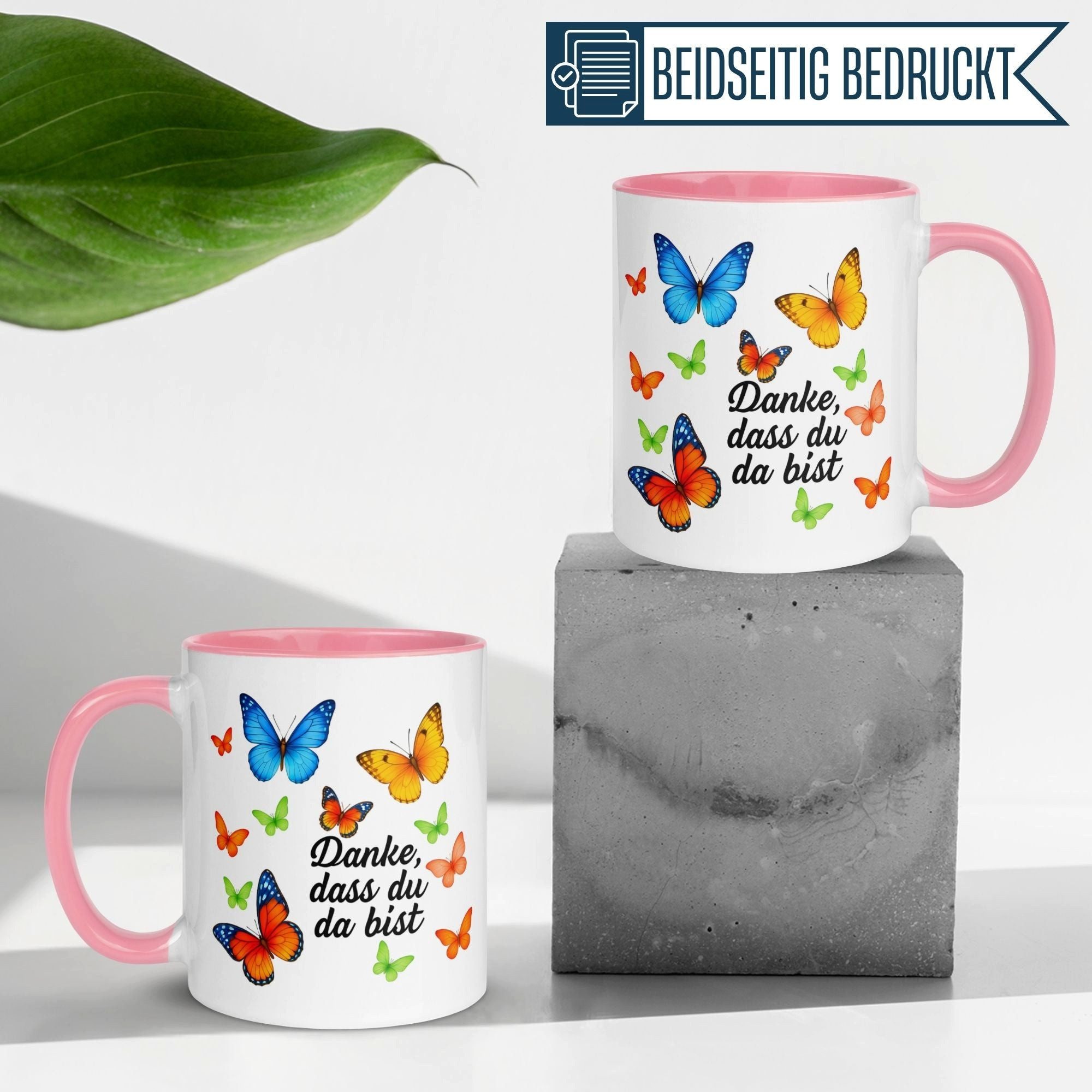 Momentals Tasse Danke – „Danke dass du da bist“ – Dankeschön Geschenke Schmetterlingen, Gratis Versand · Links-&Rechtshänder · Spülmaschinenfest