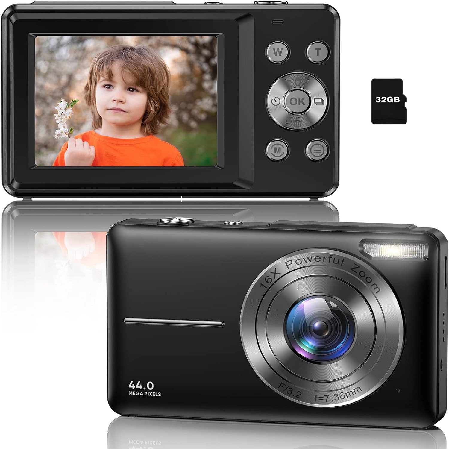 AKKEE Digitalkamera 1080P 44MP Kompaktkamera mit 32G Karte 16X Digitalzoom Kompaktkamera (44 MP, Anti-Shake, Serienaufnahmen, Timer-Aufnahme, Gesichtserkennung)