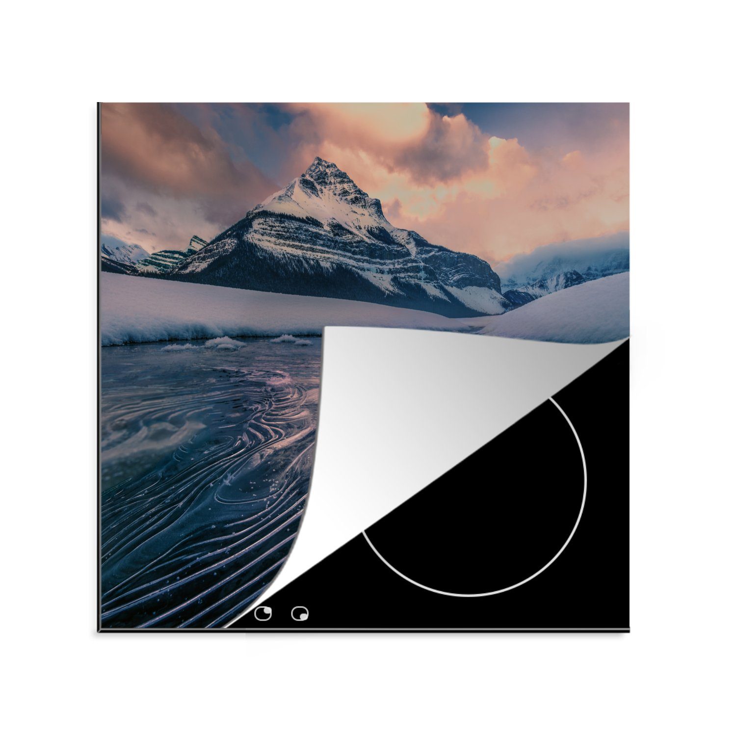 MuchoWow Herdblende-/Abdeckplatte Winterlandschaft mit Eis bei Sonnenuntergang, Vinyl, (1 tlg), 78x78 cm, Ceranfeldabdeckung, Arbeitsplatte für küche