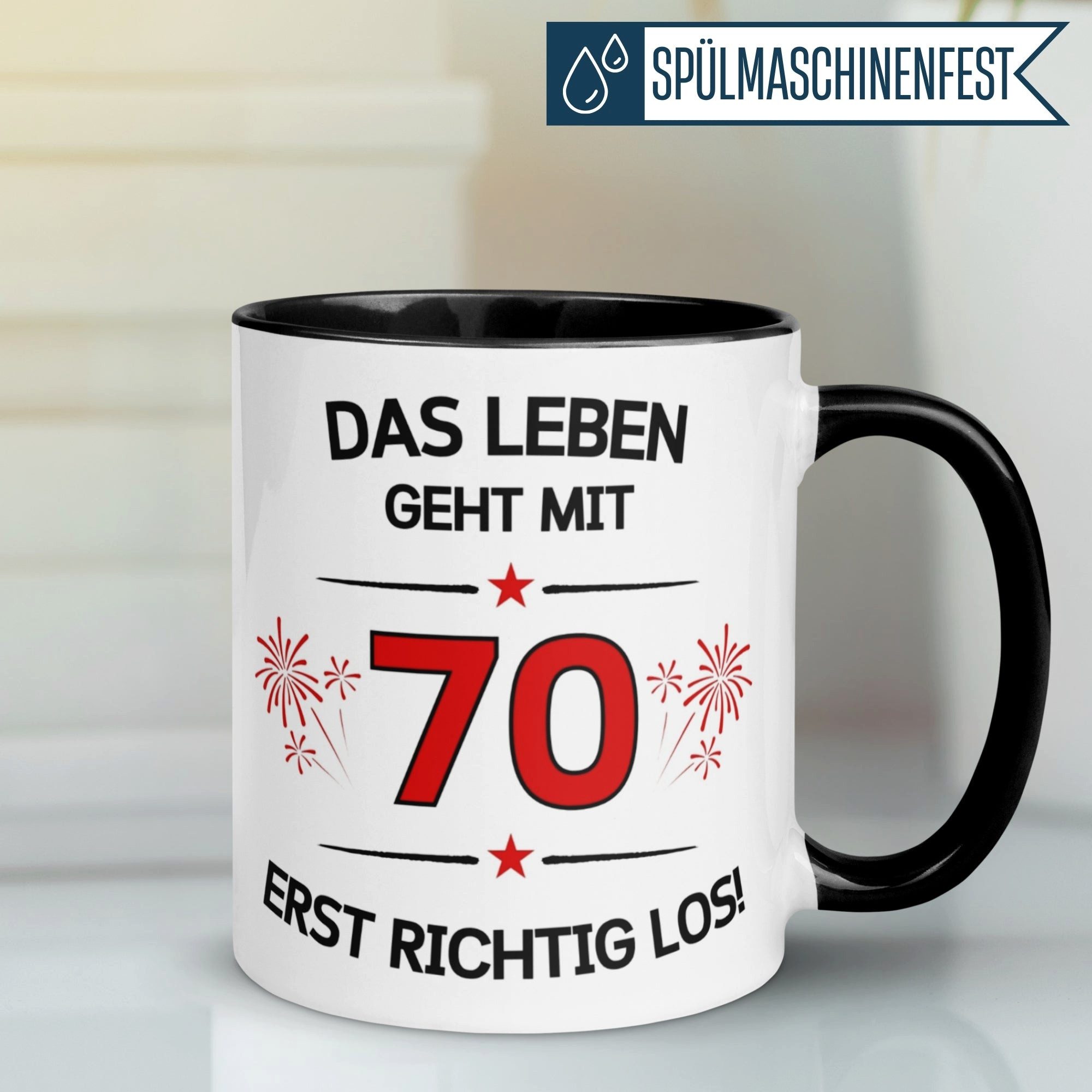 Momentals Tasse Geburtstag Geschenk Mann Frau 70 – „Das Leben geht erst richtig los“, Gratis Versand · Links-&Rechtshänder · Spülmaschinenfest