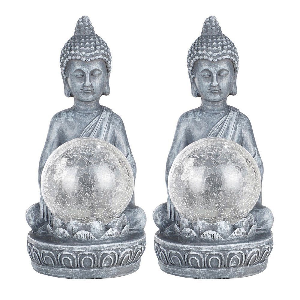 Haushalt International LED Solarleuchte, LED-Leuchtmittel fest verbaut, Farbwechsel, LED Solarleuchte Außenlampe Buddha Figur mit crackle Glaskugel 2er Set