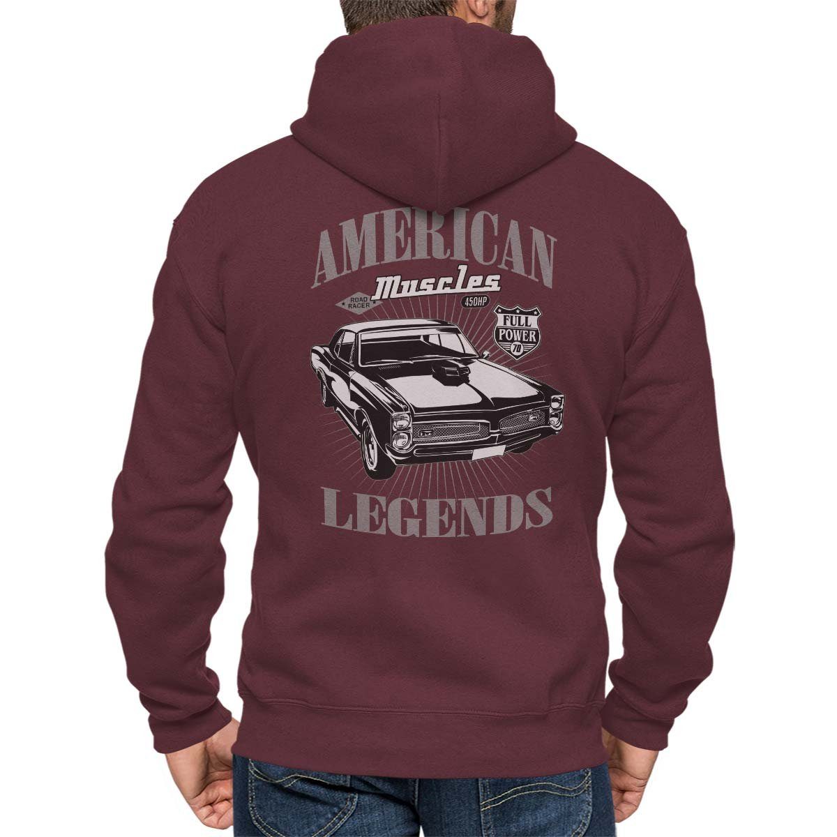 Rebel On Wheels Kapuzensweatjacke Kapuzenjacke Zip Hoodie American V8 Legends mit Auto / US-Car Motiv Dunkel Rot