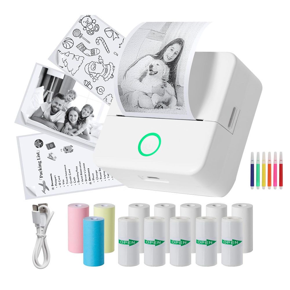 AFKSMILE Mini Thermodrucker, Tragbarer Fotodrucker mit 13 Rollen Druckerpapier Etikettendrucker