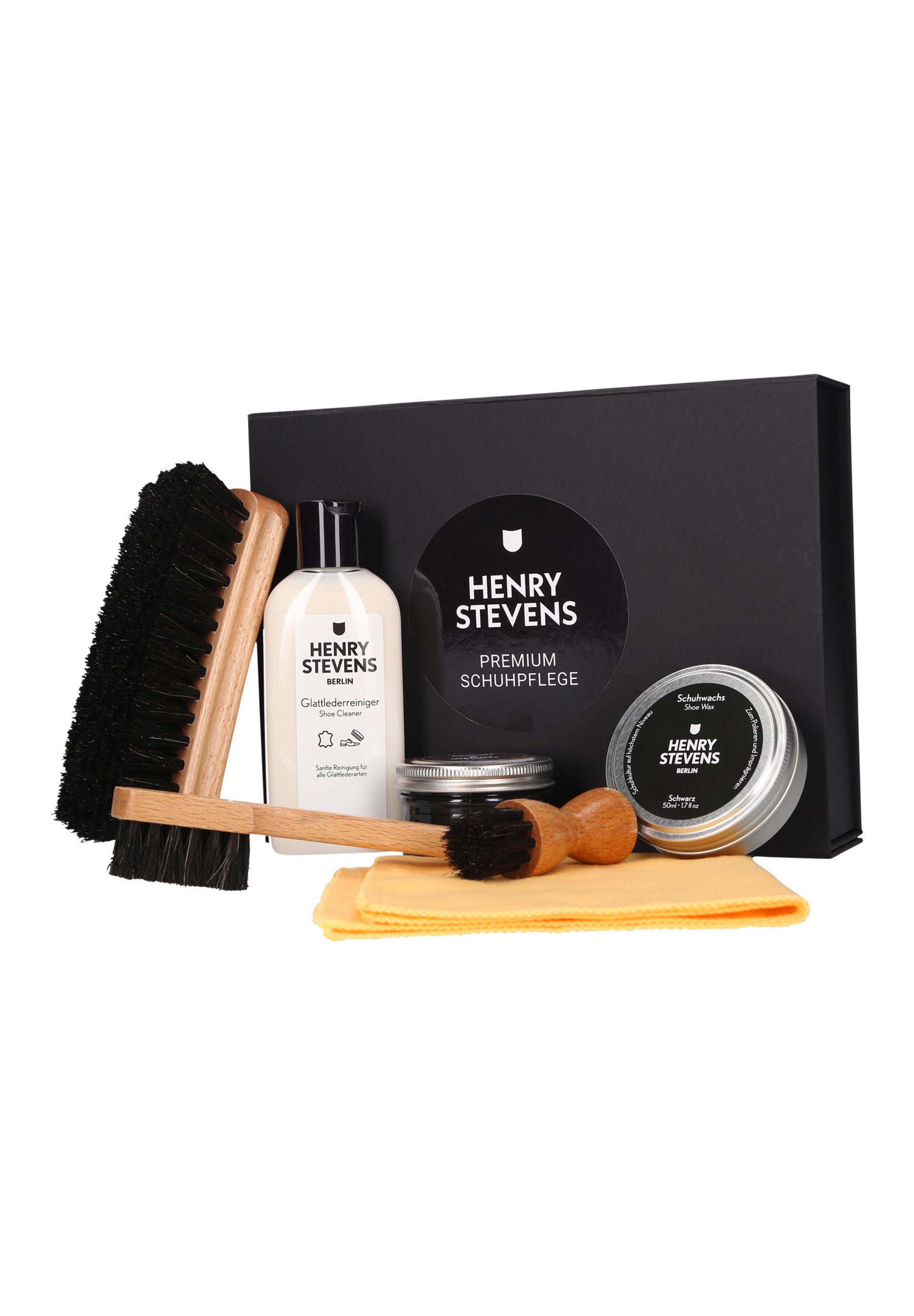 Henry Stevens Glattleder Pflegeset - Schwarz Schuhcreme (Set, Schuhputzset)