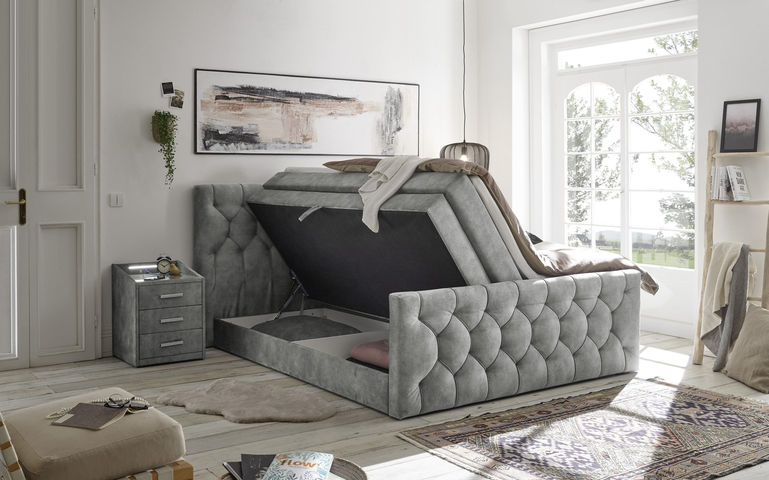 Black Red White Boxspringbett Topper, Bettkästen, hellgrau gesteppt, 180x200cm - 200x113x225cm BxHxT