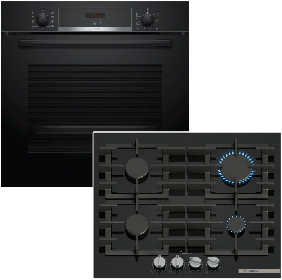 BOSCH Backofen-Set 71L Gas Kochfeld 60cm schwarz 3D Heißluft Hydrolyse Flame Select, mit 1-fach Teilauszug, Hydrolyse EcoClean Direct