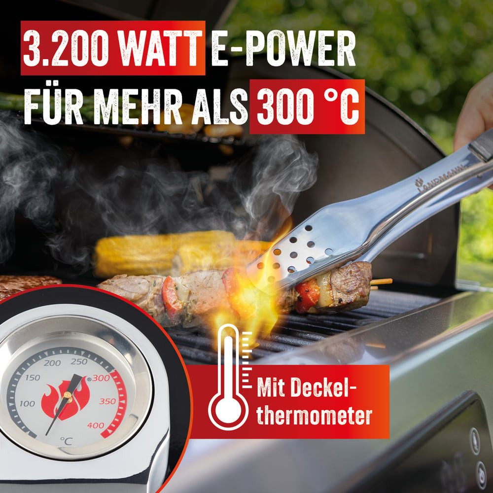 LANDMANN Elektrogrill VOLTRIS Elektro-Grillwagen, 3200 W, Leistungsstarker E-Grill mit 2 Fleischthermometern & Deckelthermometer