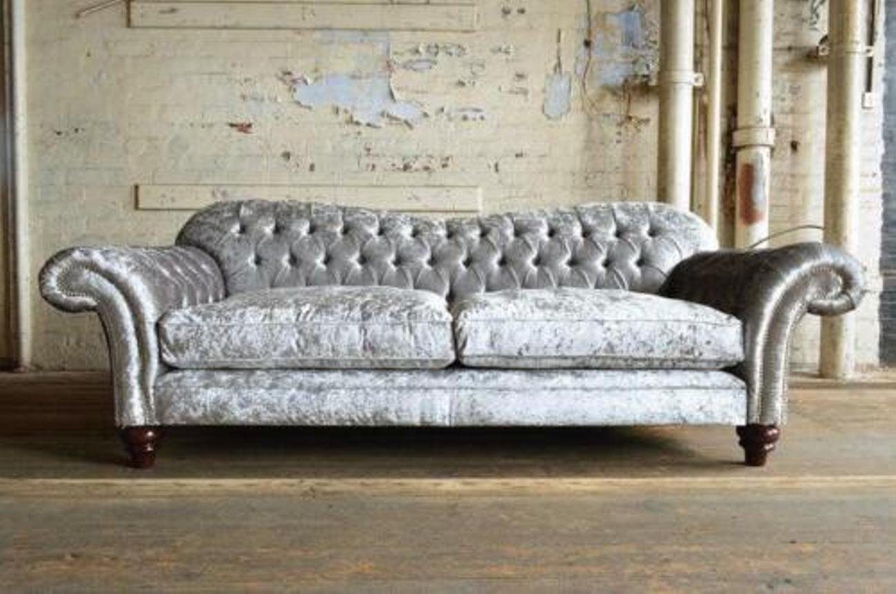 JVmoebel 3-Sitzer Sofa 3 Sitzer Couch Chesterfield Polster Sitz Garnitur Textil Silber, Made in Europe