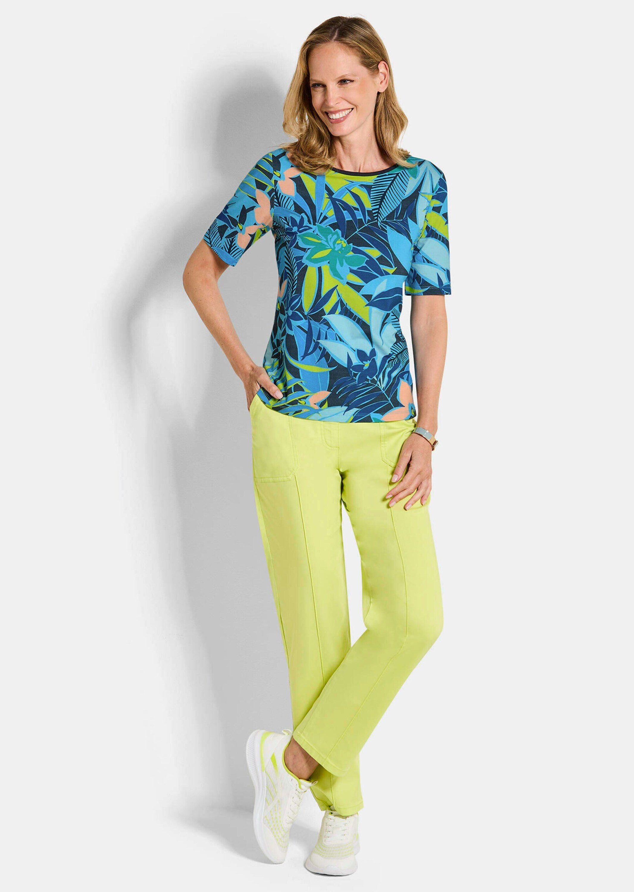 GOLDNER T-Shirt Druckshirt mit floralem Print Viskoseshirt mit U-Boot-Ausschnitt und Halbarm