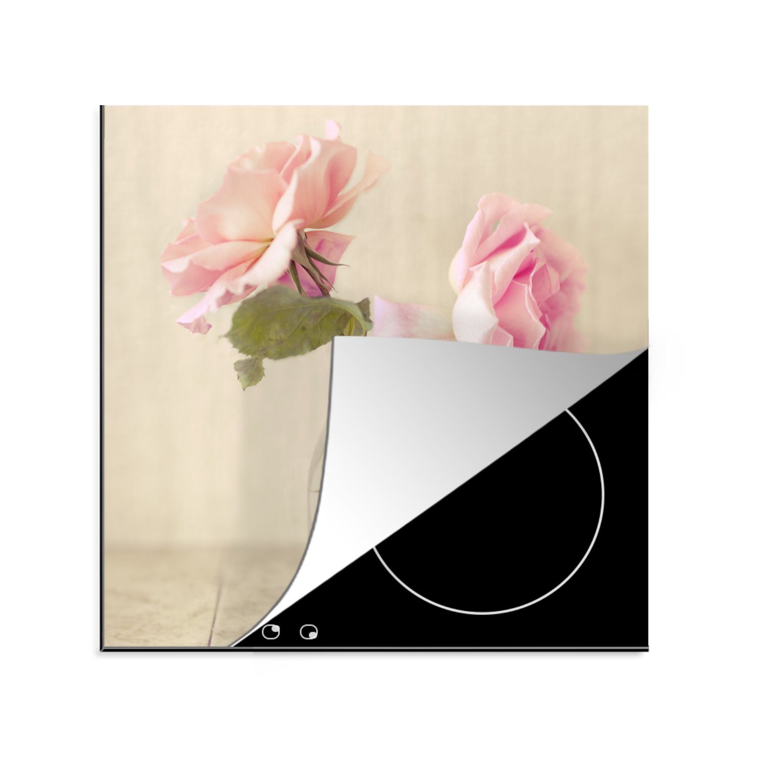 Arbeitsplatte in (1 Vinyl, Glasflasche, Zwei MuchoWow für tlg), Rosen Herdblende-/Abdeckplatte küche rosa cm, als Dekoration Ceranfeldabdeckung, 78x78 einer