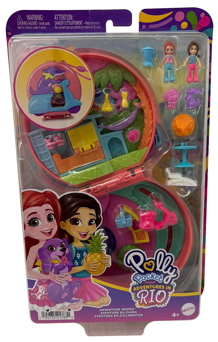 Polly Pocket Spielfigur Polly Pocket mit Moped-Schatulle, Adventures in Rio, 2 Mini-Puppen, 12