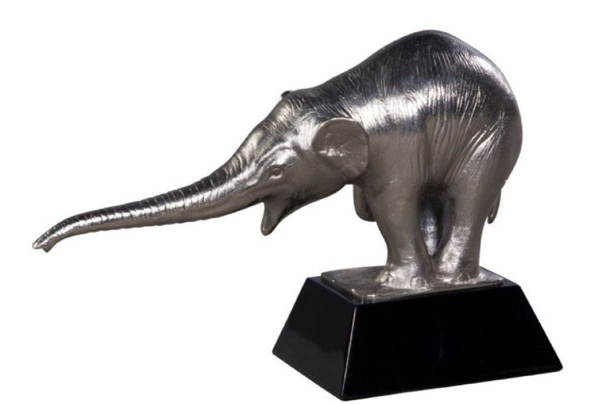 Casa Padrino Dekofigur Luxus Silber 29 cm x Luxus 42 H. 17 / - x Bronzefigur Elefant Dekoration Schwarz mit Holzsockel