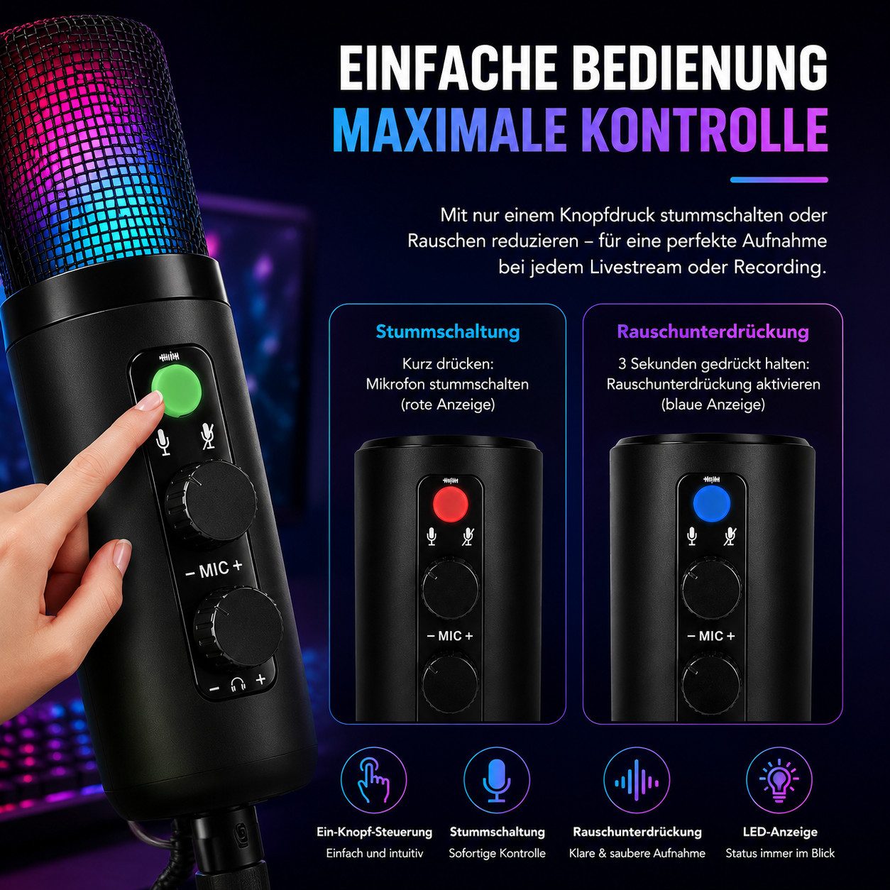 Toomoke Mikrofon USB Mikrofon Set mit Mikrofonarm, Gaming Kondensator RGB (mit Geräuschreduzierung, Stummschaltung und Kopfhörer Monitoring, Type-C-Adapter), (S – Bild 4 von 5