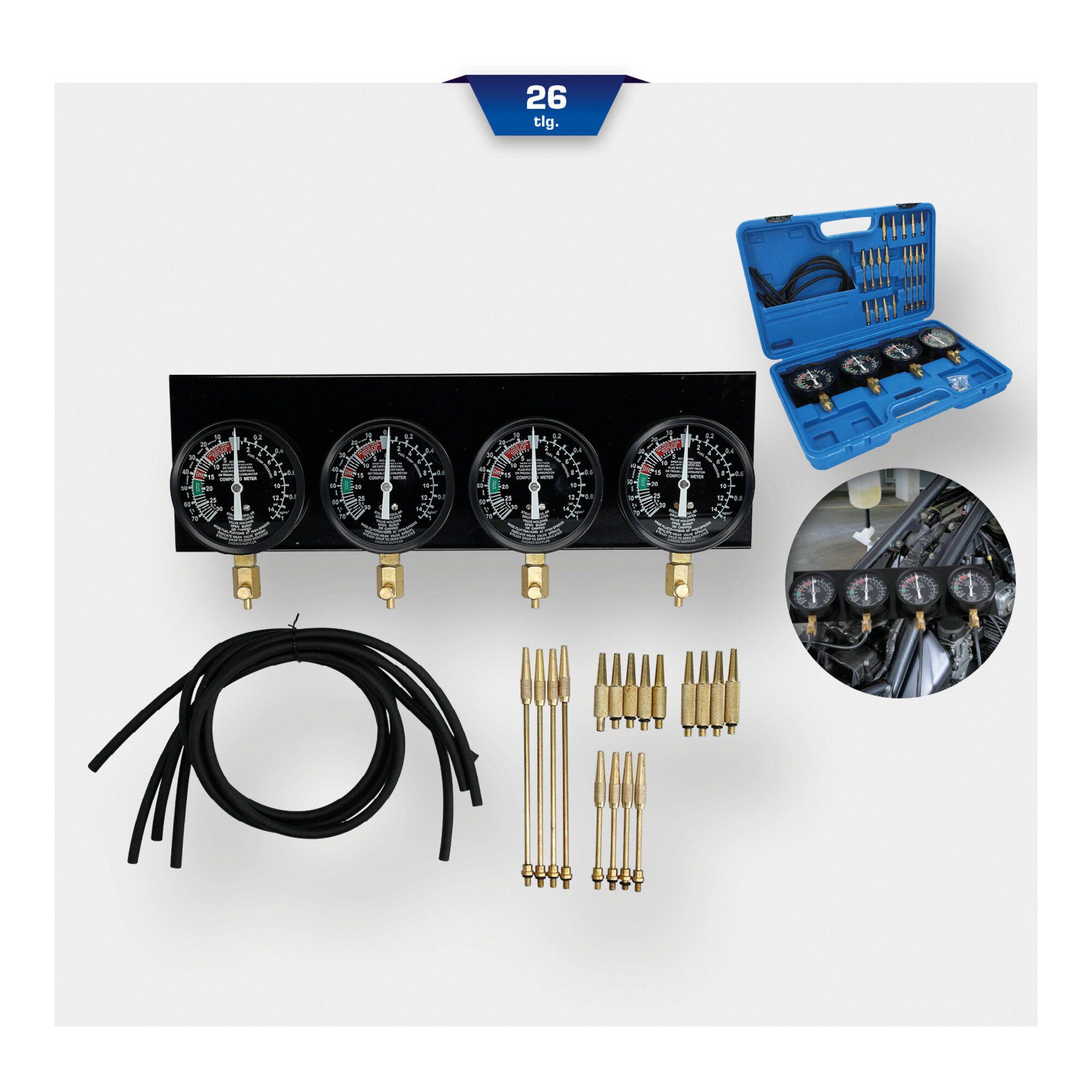 Brilliant Tools Spannungsprüfer Brilliant Tools Synchron-Vergaser-Testgerät, mit 4 Synchronuhren, 26-t