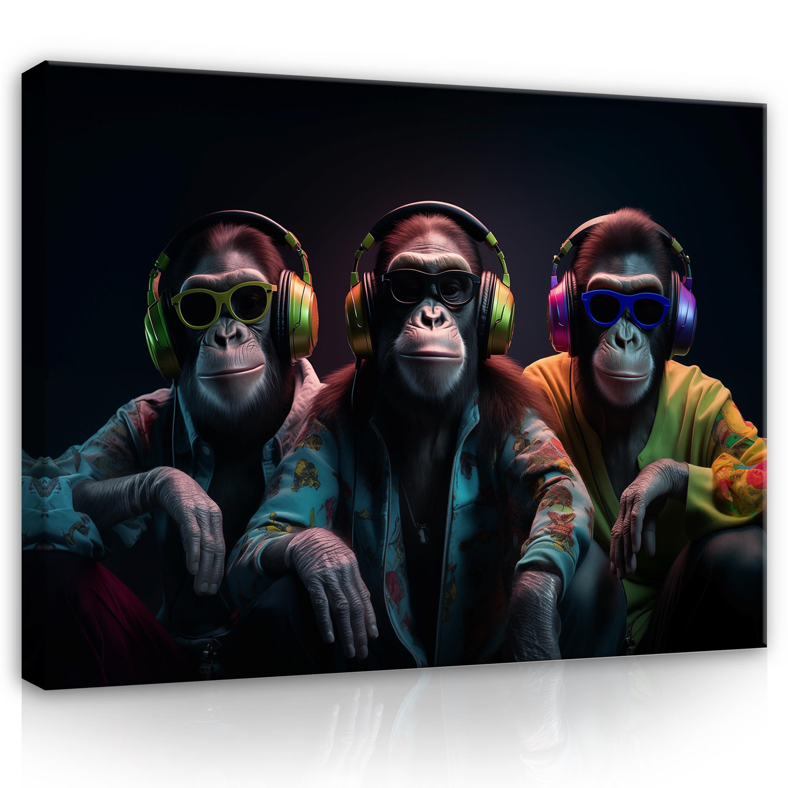 Wallarena Leinwandbild Drei Affen Musik Abstrakt Wohnzimmer Schlafzimmer Wandbild Modern, Art Kunst (Einteilig, 1 St), Wandbilder Küche Wohnzimmer Flur Leinwandbilder Leinwand Bilder