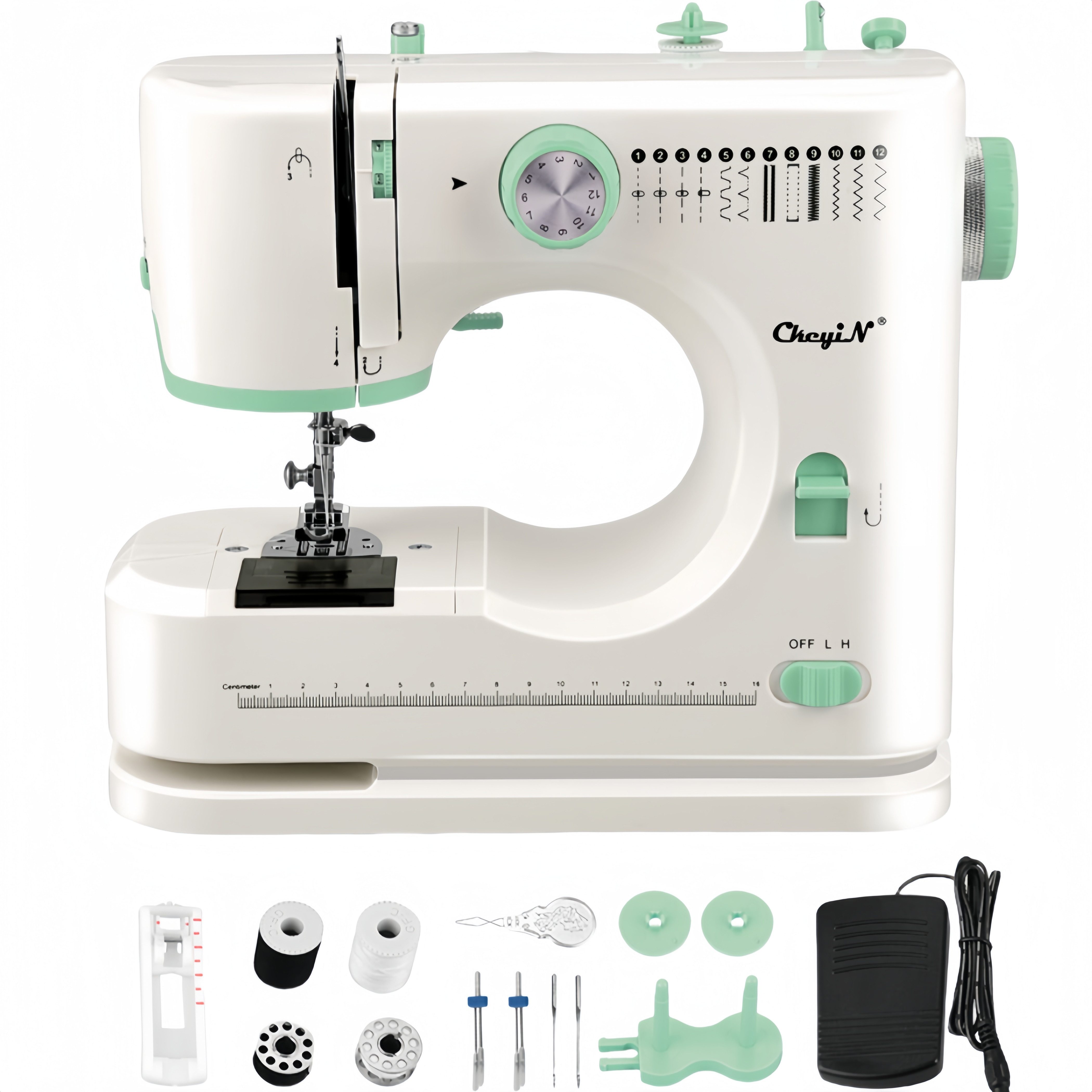 CkeyiN Nähmaschine Kleine Haushaltsnähmaschine Multifunktionale Mini-Handnähmaschine, 12 Programme, mit 12 integrierten Sticharten, Doppelnadel, 2 Geschwindigkeit