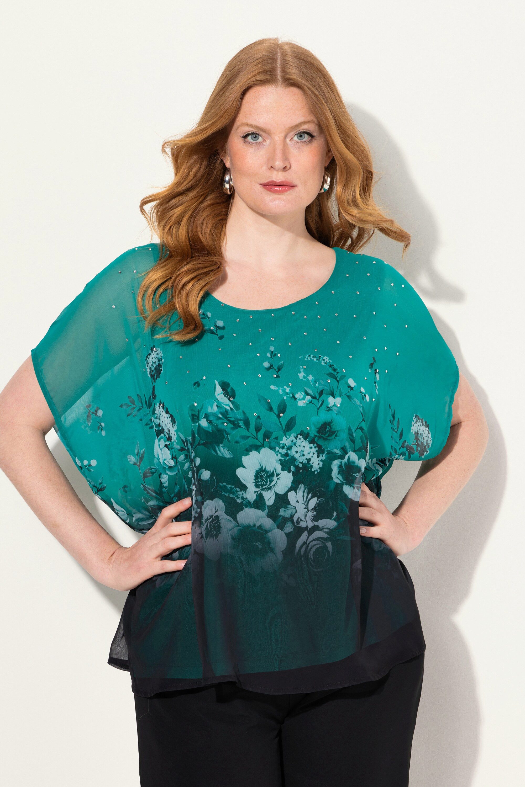 Ulla Popken Druckbluse Blusenshirt oversized Chiffon mit Blüte Jersey