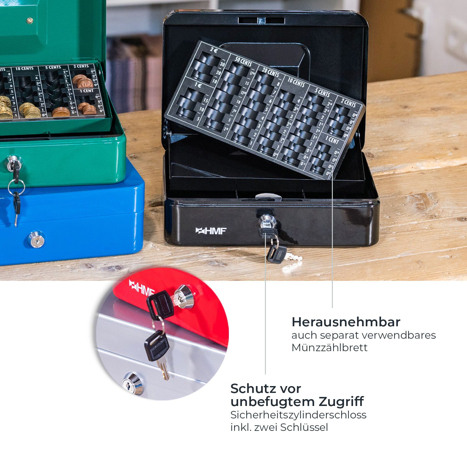 HMF Geldkassette Bargeldkasse mit herausnehmbarem Münzzählbrett und Scheinfach, Geldbox mit Schlüssel, 25 x 18 x 9 cm, grün – Bild 4 von 5