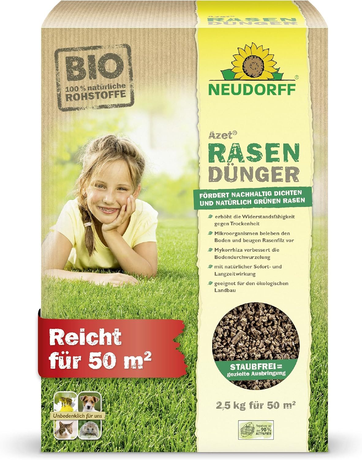Neudorff Rasendünger Azet Bio RasenDünger für 50 m² - 2,5 kg, Granulat gleichmäßig auf trockenem Rasen verteilen und anschließend bei Bedarf gründlich wässern., mit 6 Monaten Langzeitwirkung, Auch für mährobotergepflegte Rasenflächen geeignet