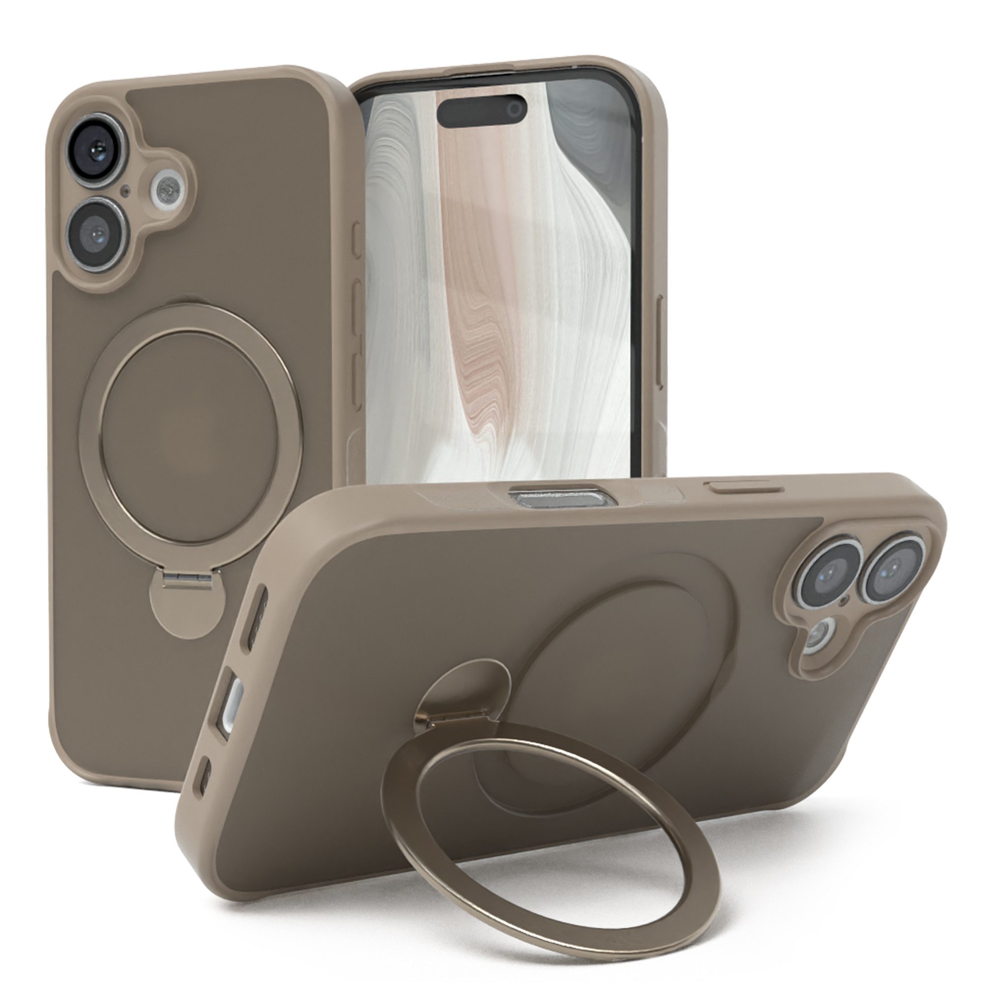 EAZY CASE Handyhülle Outdoor iPhone 16 Case MagSafe Rotation Ring 6,1 Zoll, Outdoor Handy Hülle stoßfest Silikon Case Schutzhülle Bumper Goldbraun