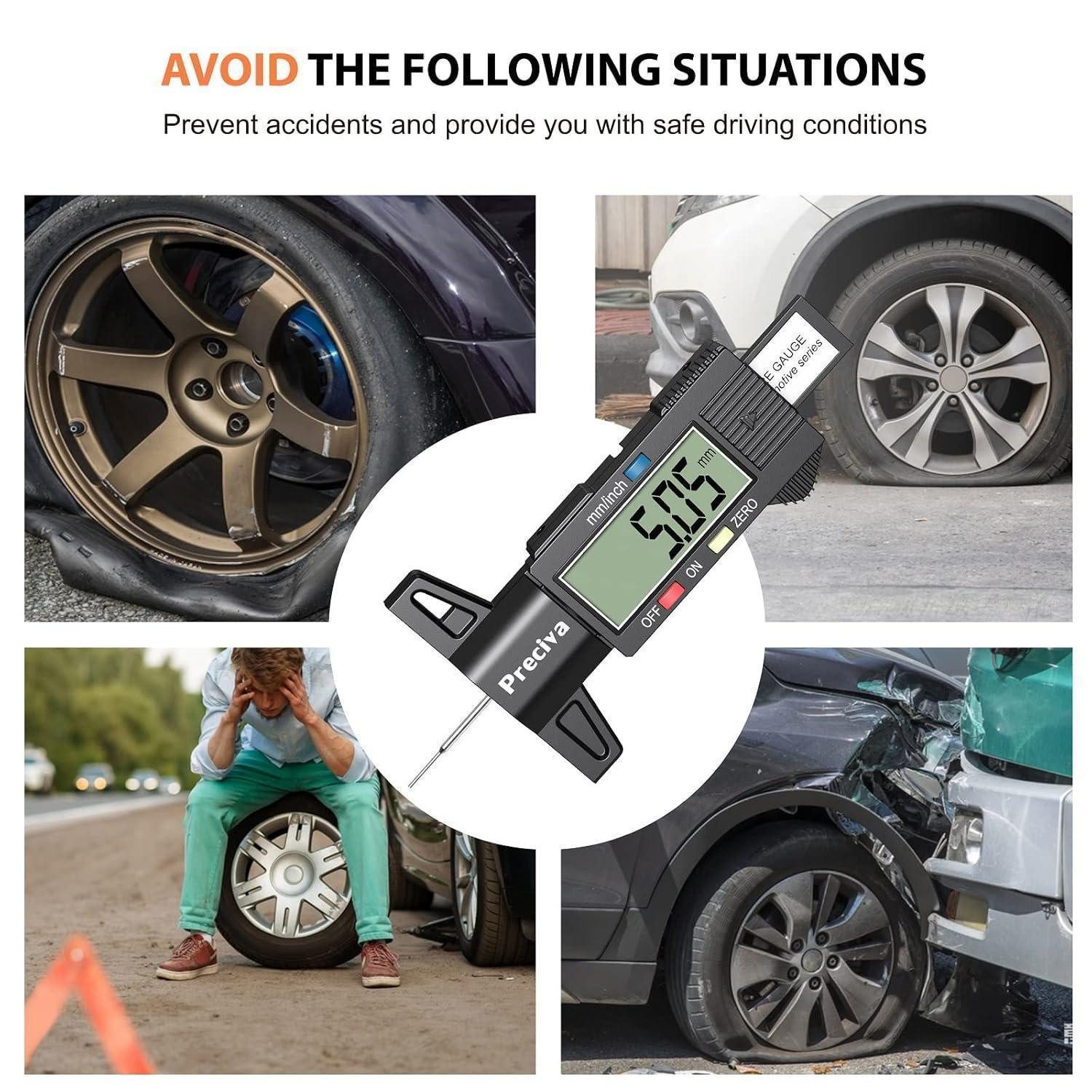 LuxusKollektion Multitool Reifen Profiltiefenmesser LCD Display, Tiefenmesser 0-25 mm für Auto