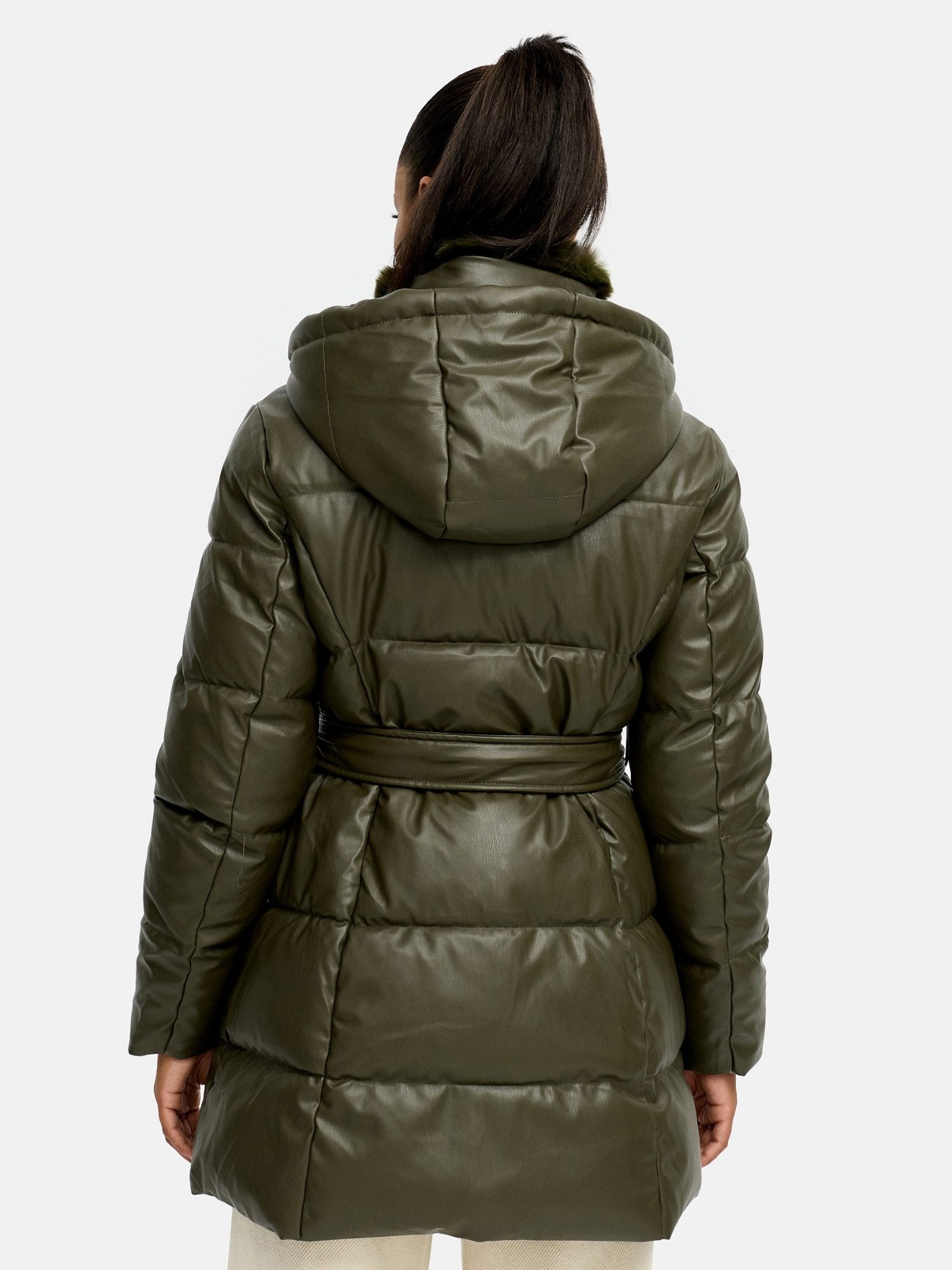 Tazzio Steppmantel F802 mit Kapuze, Lederoptik-Steppmantel mit Taillengürtel