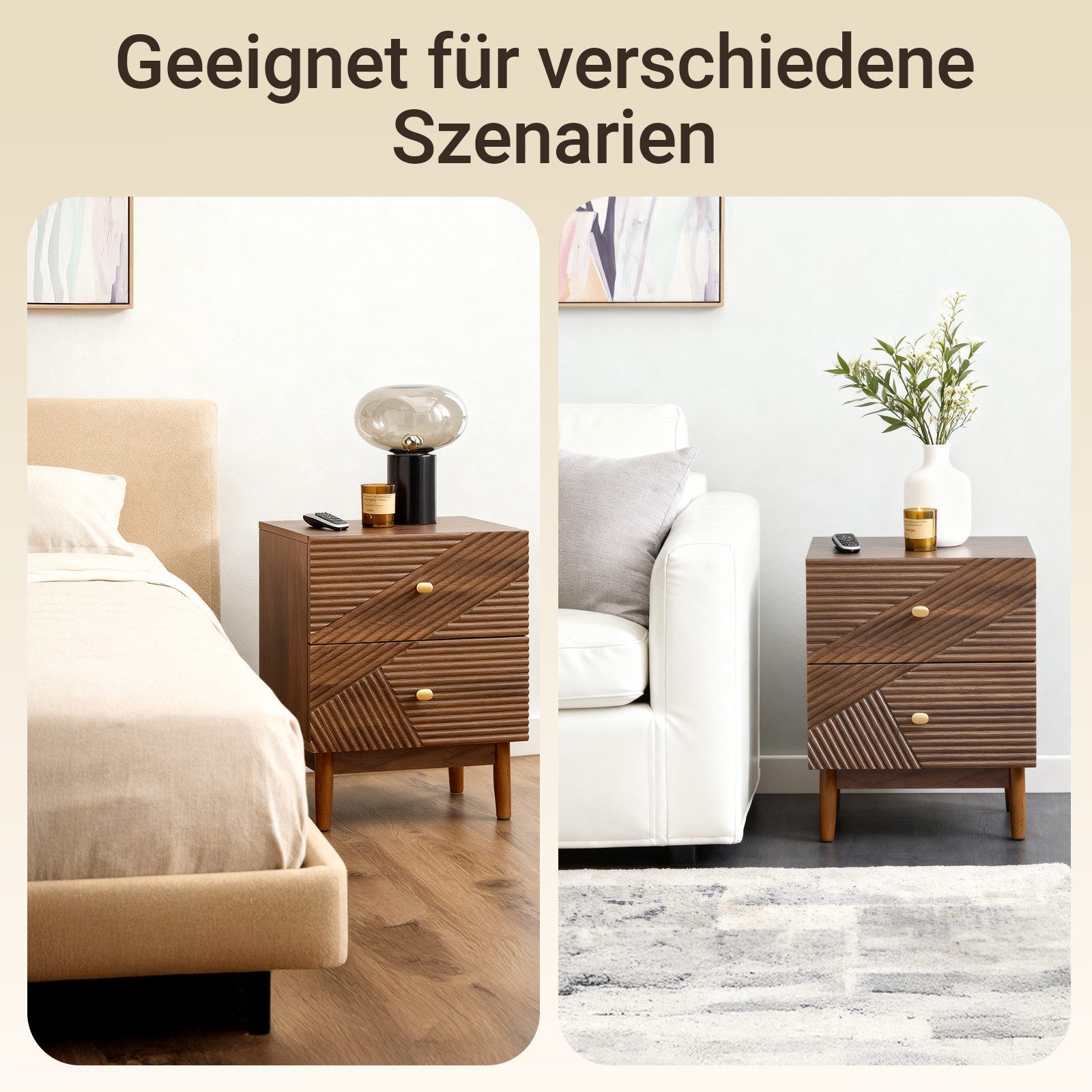 SoBuy Nachttisch FBT170, Nachtschrank mit 2 Schubladen, Beistelltisch Couchtisch, Nachtkommode Sofatisch, mit Gummibaumholzbeinen, vintage, Schlafzimmer