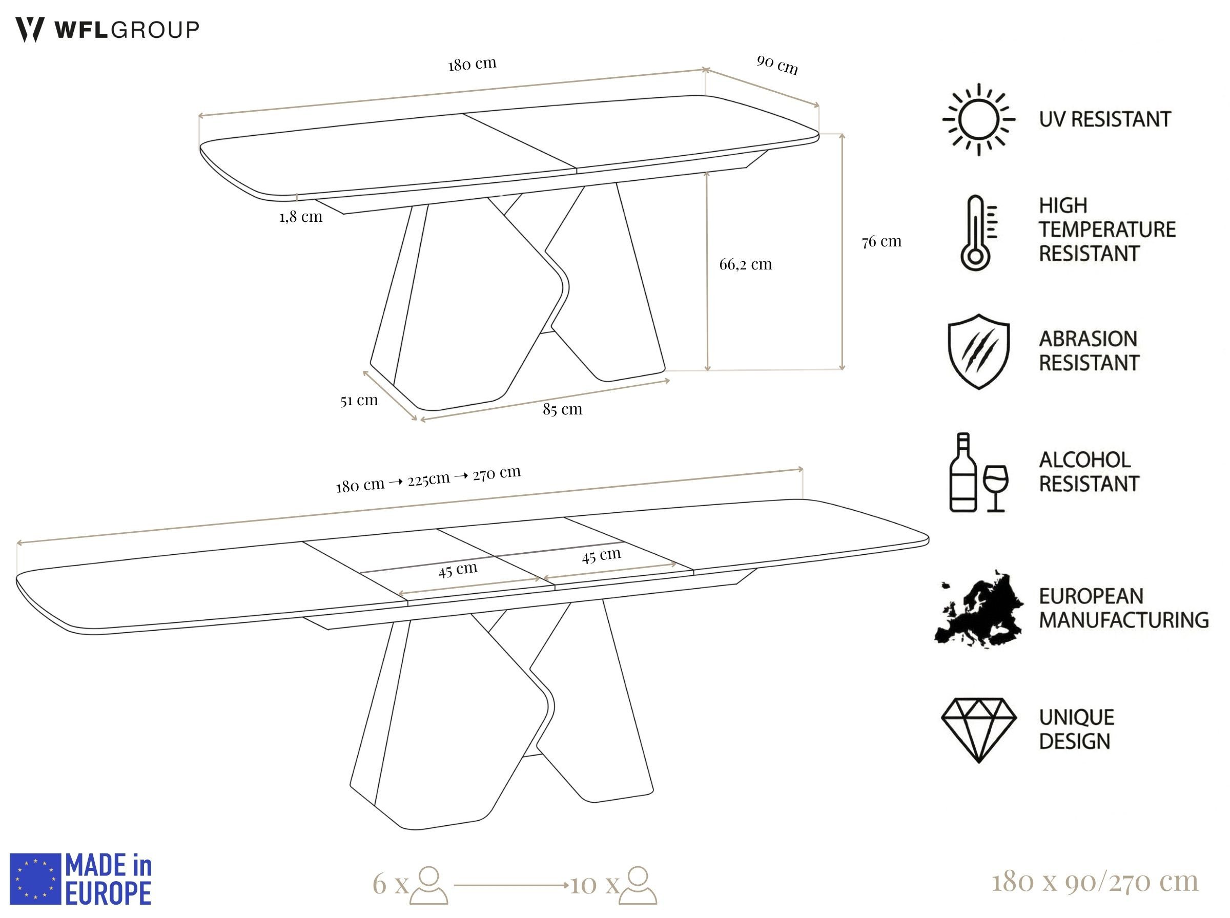 WFL GROUP Esstisch Vanta Rechteckiger Ausziehbarer Tisch mit Braunem Metallgestell (MADE IN EU, XXL Groß – 180 x 90 cm und 200 x 90 cm ausziehbar auf 270 und 290 cm), Butterfly Auszug, Modernes Minimalistisches Premium Design
