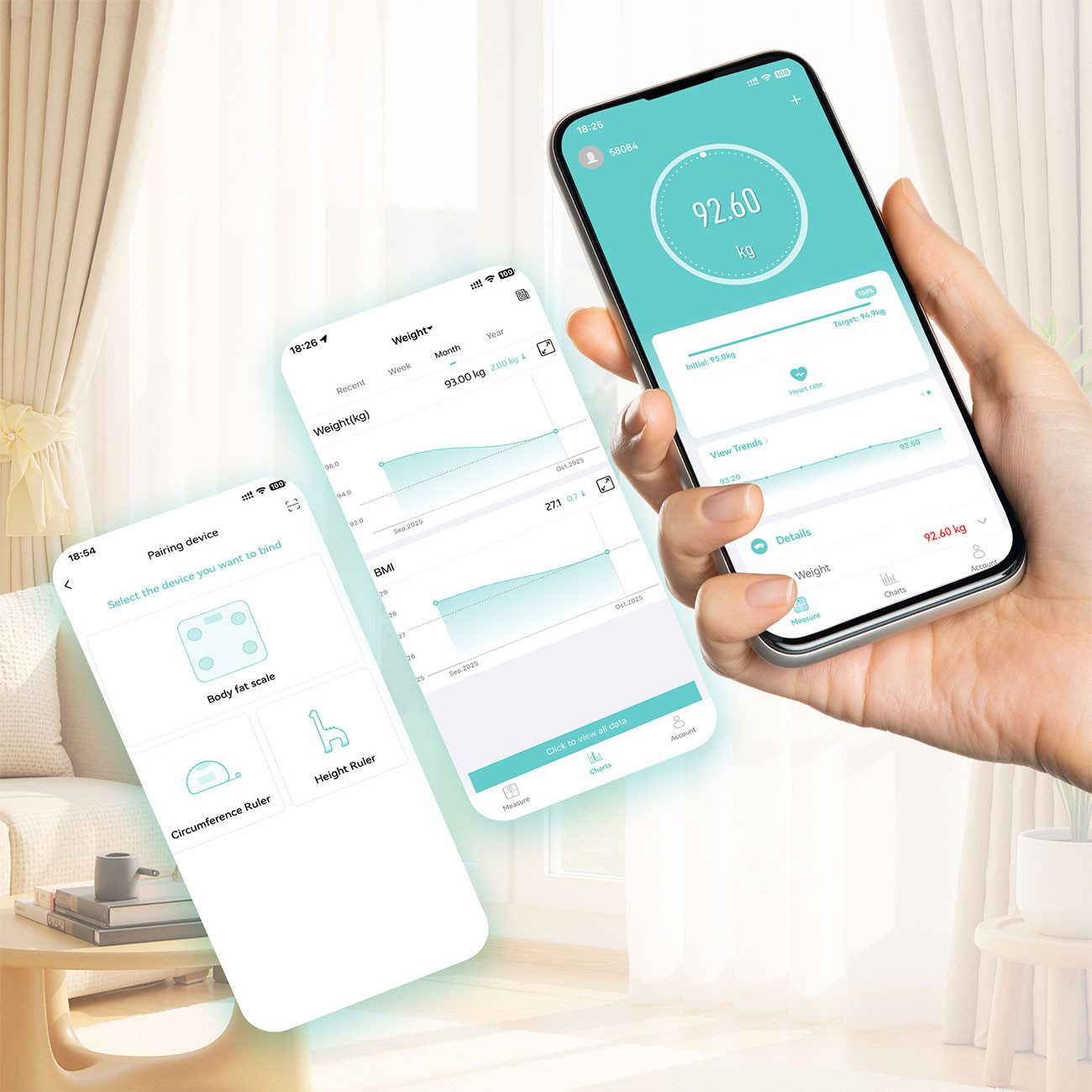 shop'n smile ideoon Körper-Analyse-Waage Körperanalyse Waage Glas max.180 kg Waage für Fett BMI Puls Körpertyp, Ideal für Ihr Fitness-Ziel mit Fitdays App – Bild 3 von 5