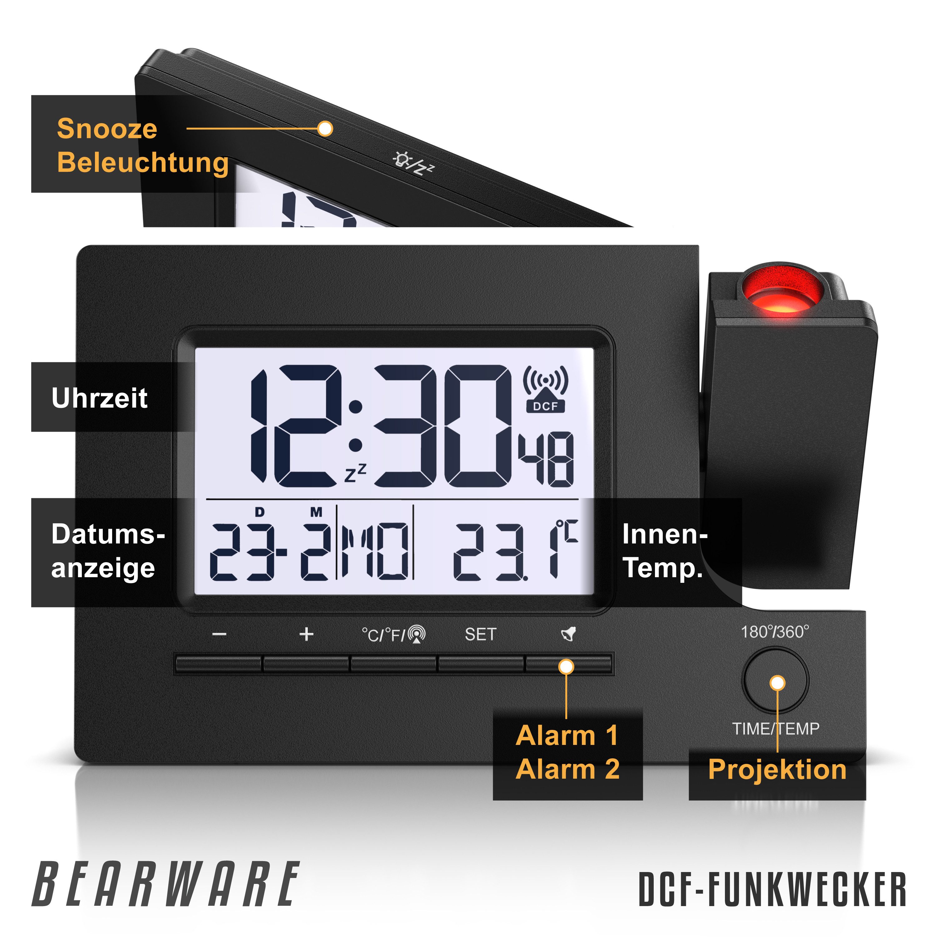 BEARWARE Projektionswecker Digitaler Tischwecker mit Projektion, USB-Ladeport & Temperaturanzeige Funkuhr mit 180° Projektionsfunktion, Dual-Alarm & weißem LCD-Display