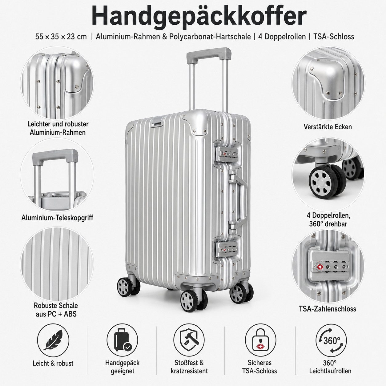 Passioni Handgepäckkoffer aus Aluminium, Kabinen Koffer Trolley