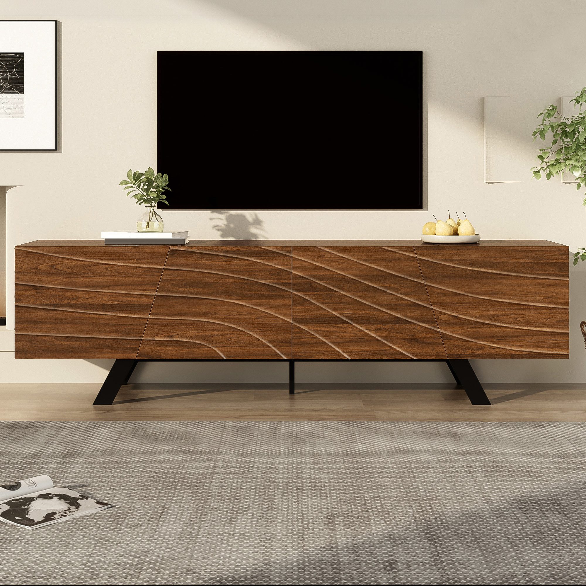 OKWISH Lowboard mit Wellenfront im Walnuss (Packung, 1 St., MDF), mit schwarzen Eisenbeinen, Kabelmanagement und Ablage