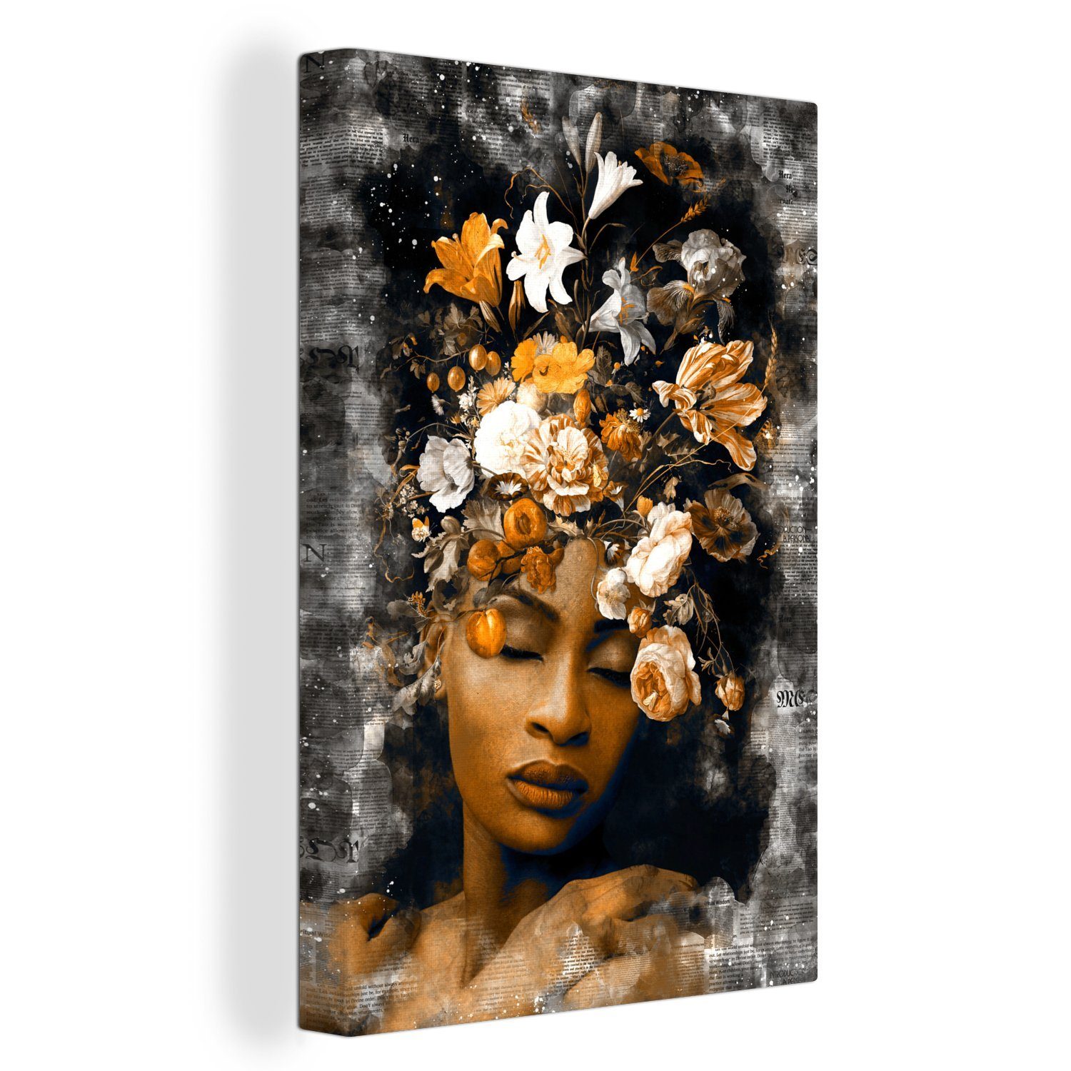 cm Zackenaufhänger, Blumen, - bespannt Leinwandbild St), 20x30 - Frauen (1 Gold fertig inkl. Gemälde, Leinwandbild OneMillionCanvasses®