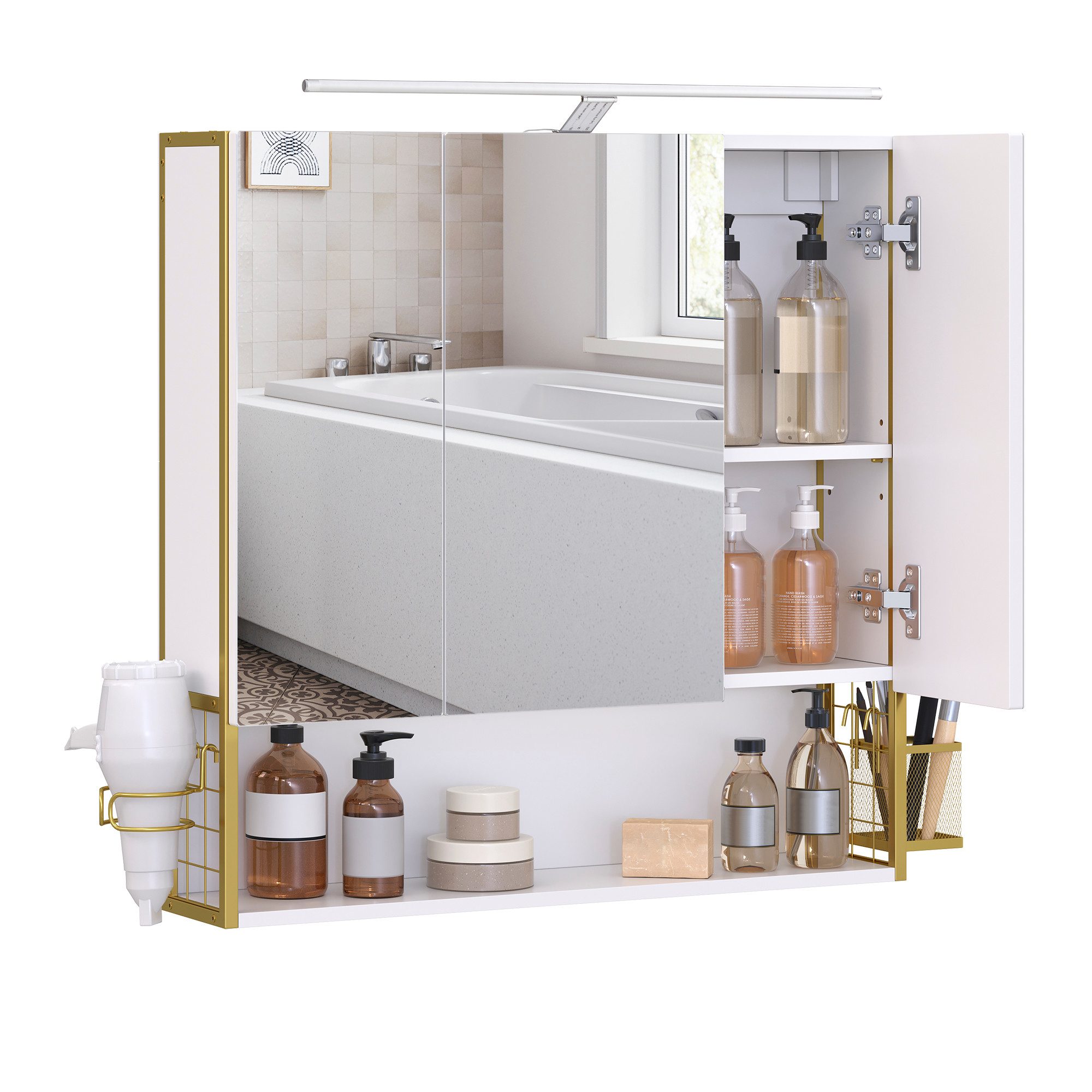 VASAGLE Spiegelschrank Badezimmerschrank Wandschrank Breite 70cm, LED-Beleuchtung, Stecker, Hängekorb, Haartrockner-Halter
