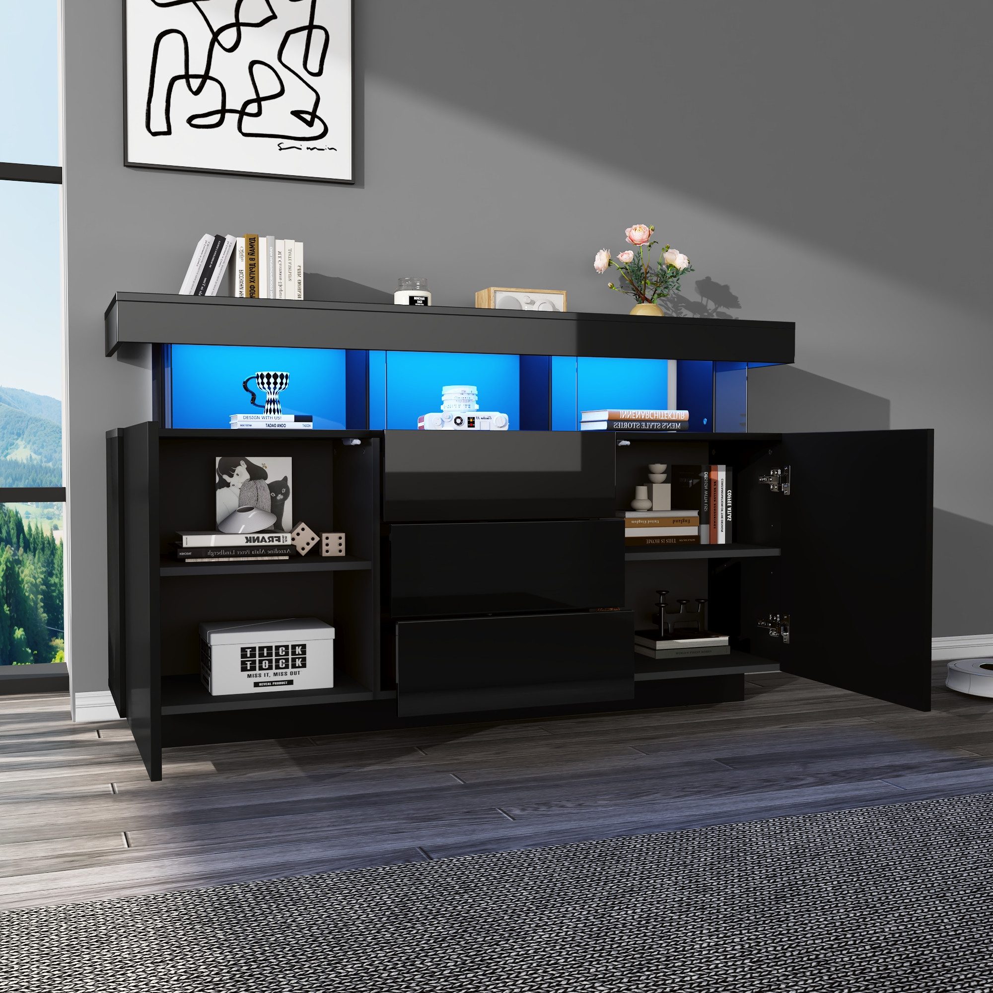 Merax Sideboard Hochglanz mit LED, Mehrzweckschrank aus Spanplatte & Acryl (1 St), Kommode mit 3 Schubladen und 2 Türen, Schrank Vitrine 140x35x80cm