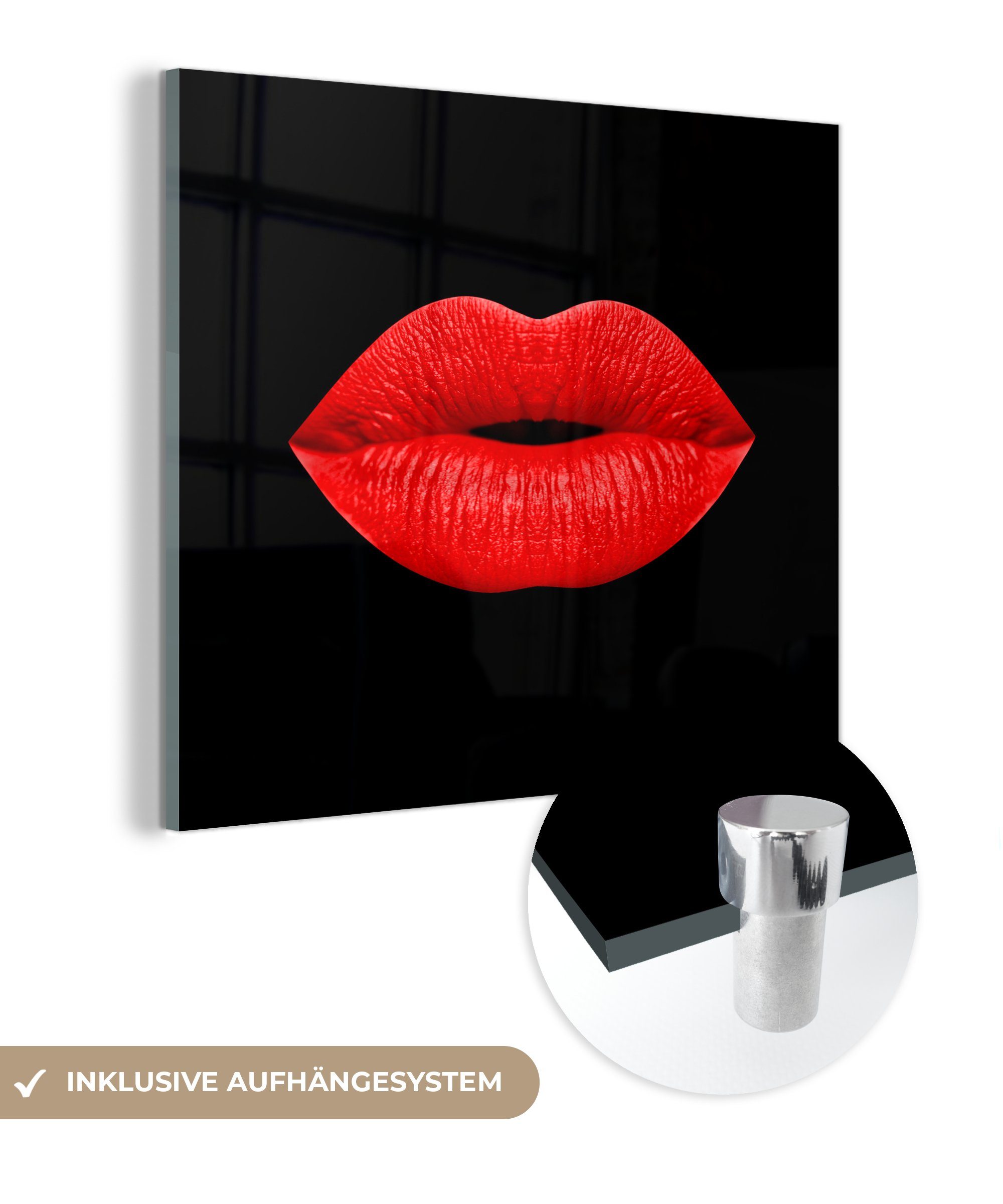 Wandbild auf - Rot Glasbilder - - Glas - Wanddekoration auf Acrylglasbild Glas Foto St), - Schwarz, Bilder MuchoWow Lippen (1
