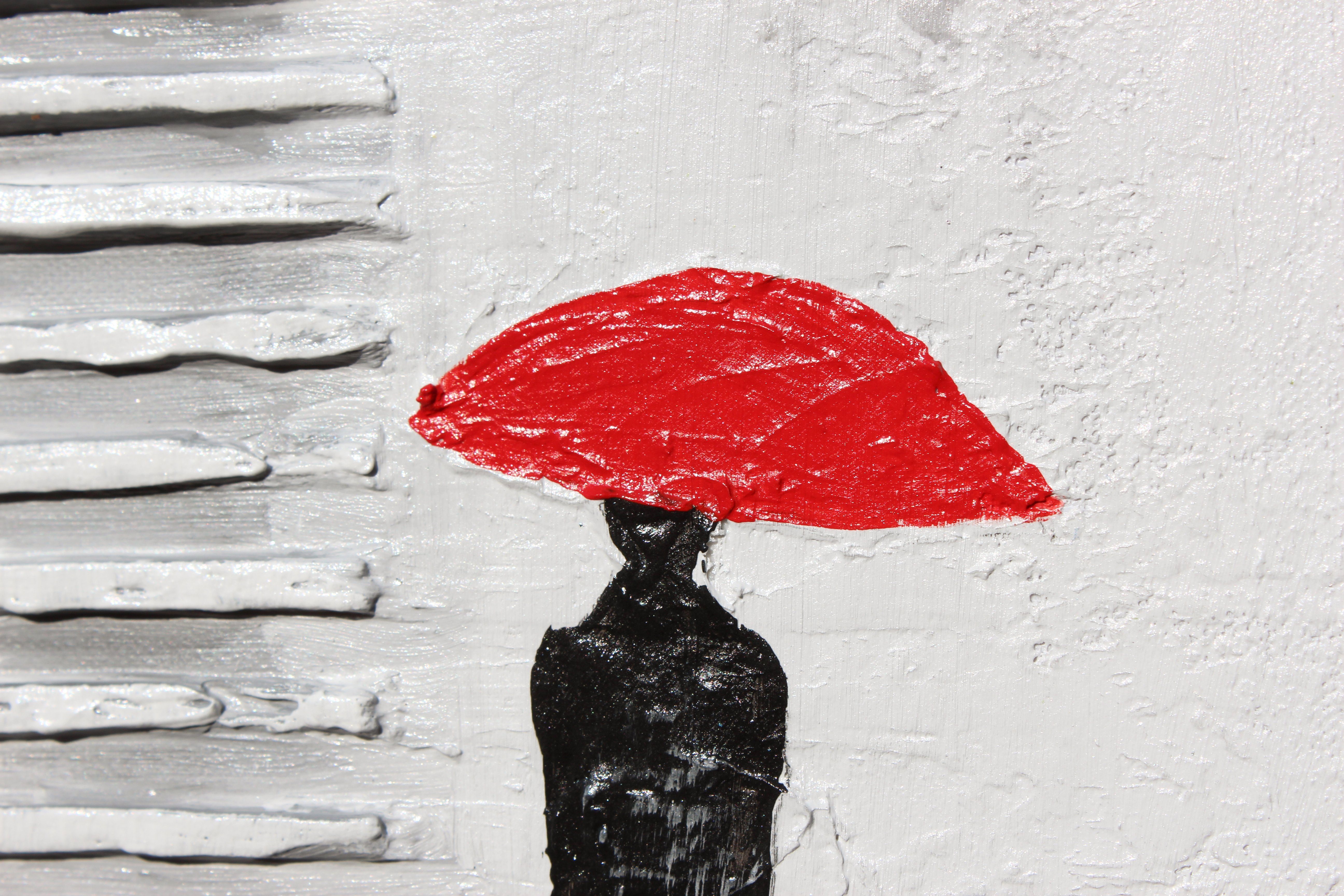 Menschen, Angenehmes Stadt YS-Art Leinwand Regenschrim auf in mit Handgemalt Gemälde Treffen, einer