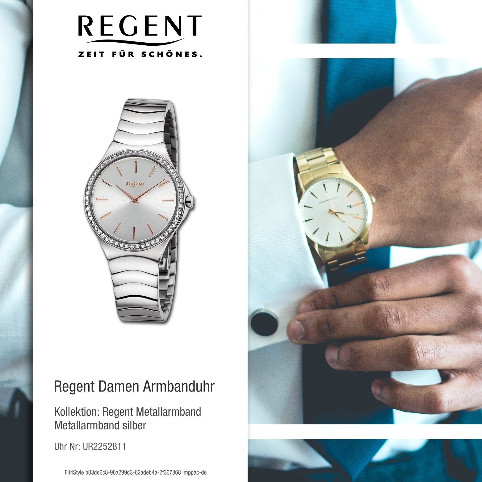 Metallarmband groß Regent (ca. extra Regent Quarzuhr Damen rund, Analog, Damen Armbanduhr 33mm), Armbanduhr