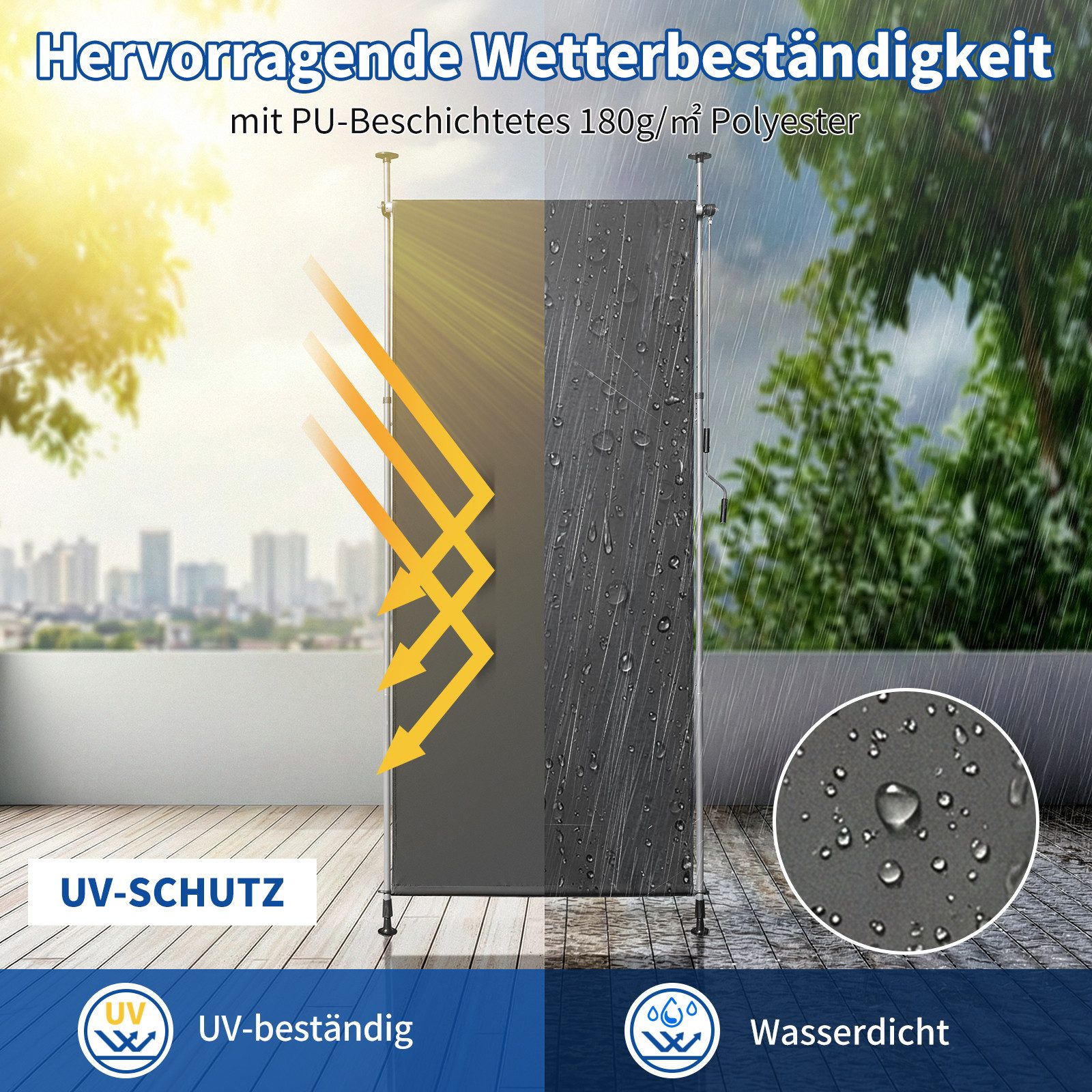 LALAHO Senkrechtmarkise Klemmmarkise Außen Balkon Sonnenschutz Klemm-Markisen Sichtschutzrollo Terrasse Garten Wetterfest mit Handkurbel