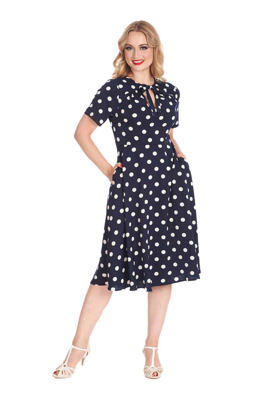 Banned A-Linien-Kleid Retro Swingkleid Set Sail Navy Vintage Polka Dot Dress 50s Pünktchen Kleid