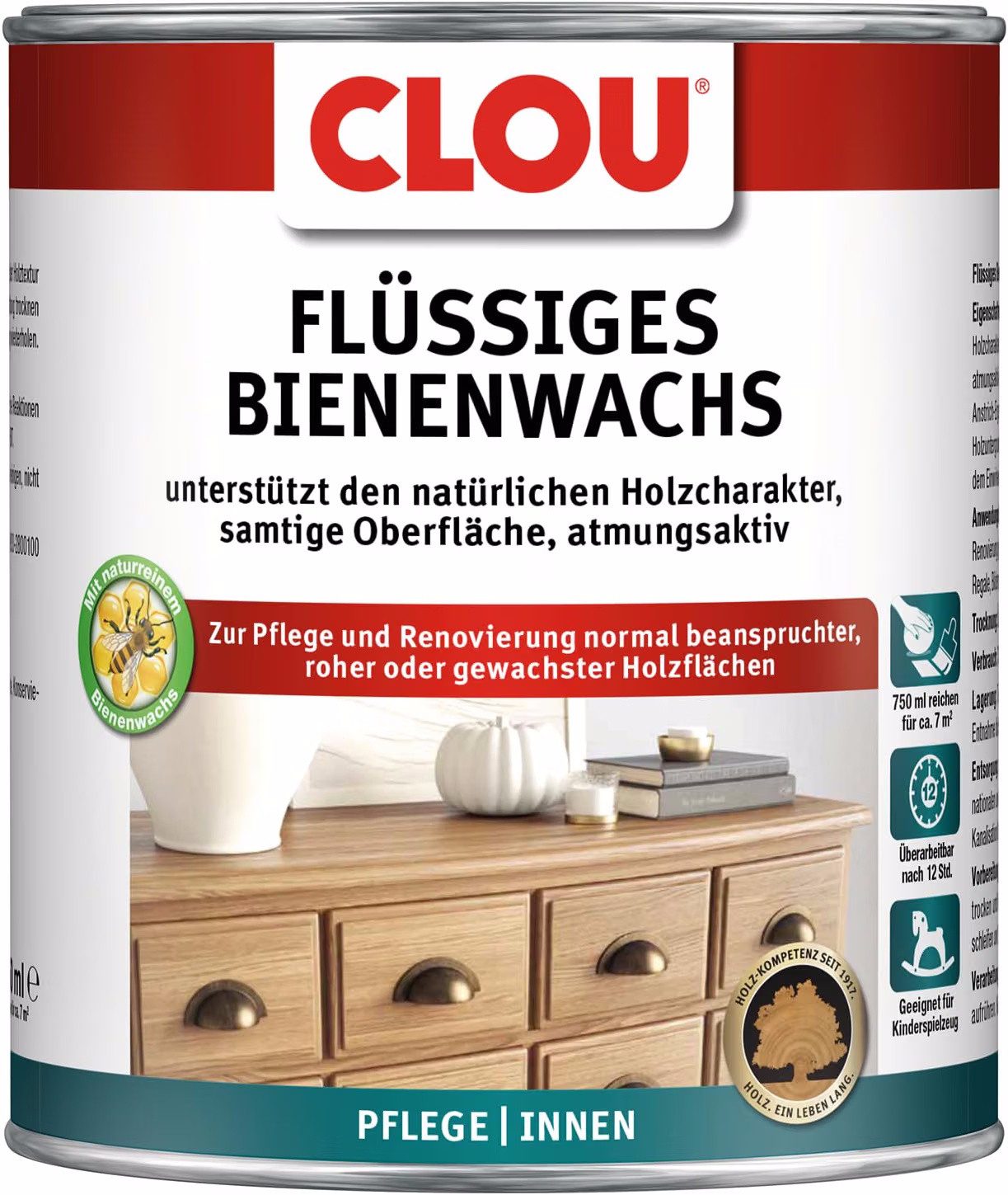 CLOU Holzschutzlasur Flüssiges Bienenwachs 750 ml Farblos Seidenglänzend, Naturrein, seidenglänzend, farblos, atmungsaktiv