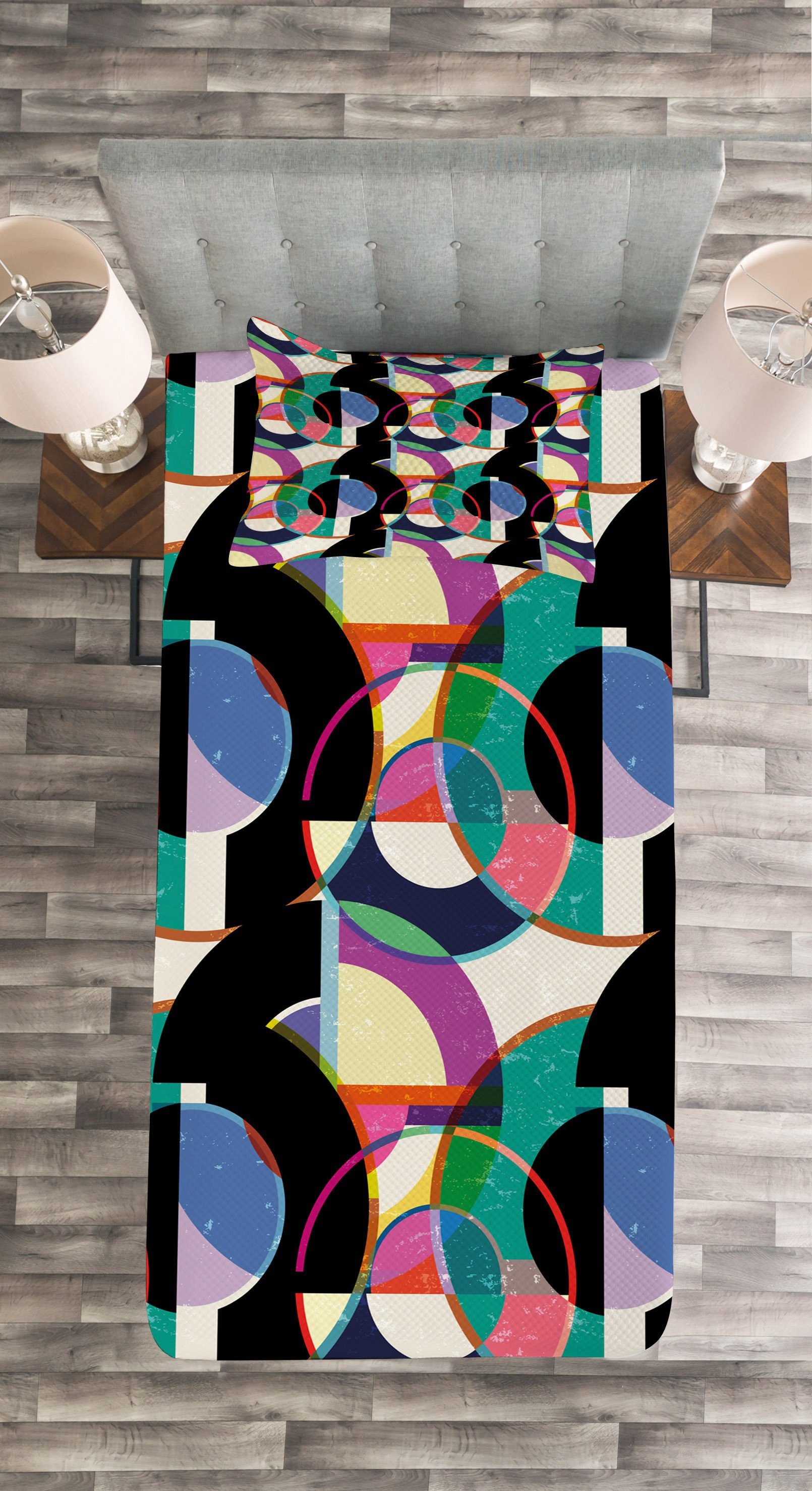 Set Art Abakuhaus, Tagesdecke Abstrakt Motive Grafik Deco Waschbar, mit Kissenbezügen