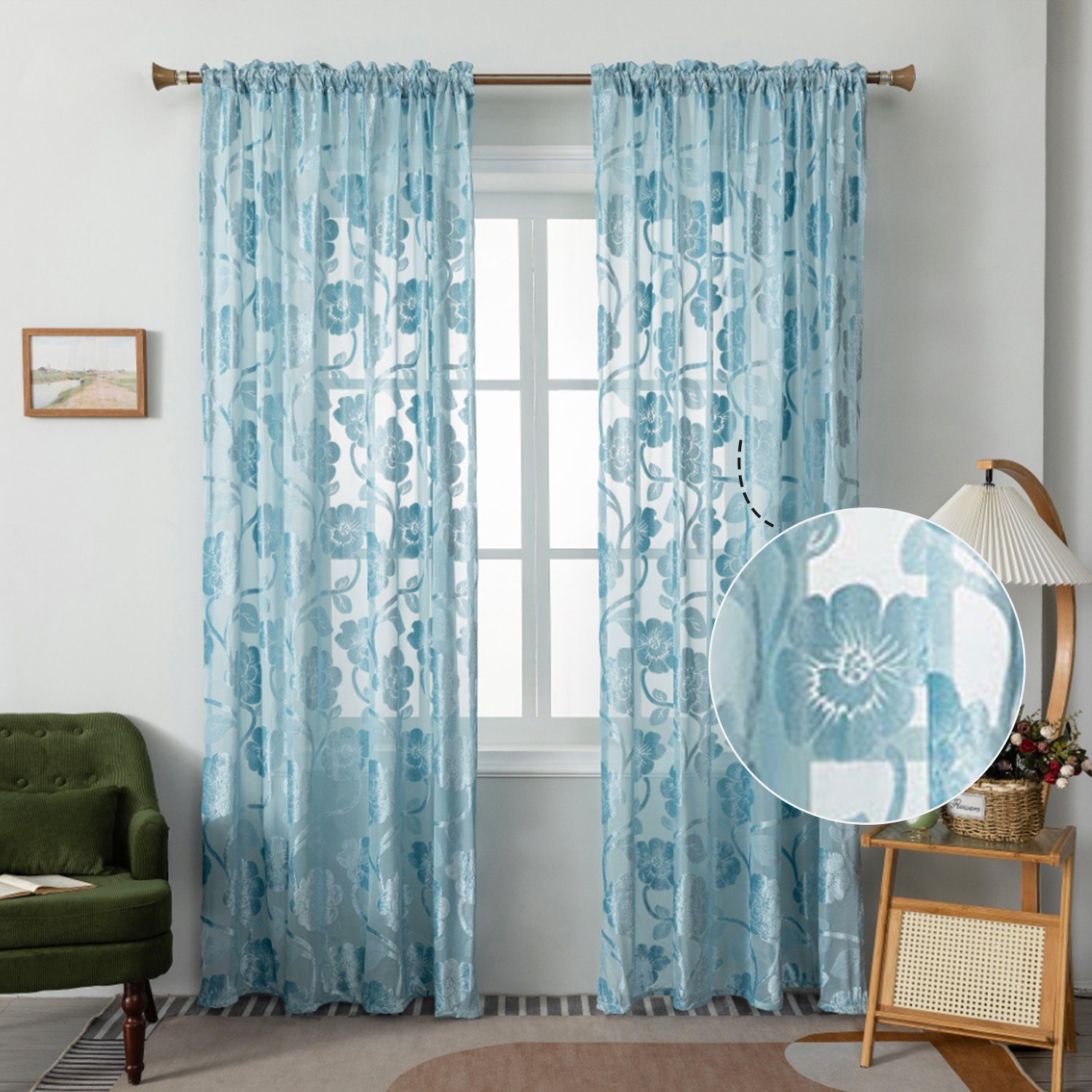 Gardine, HOMEIDEAS, Stangendurchzug (2 St), halbtransparent, polyester, Lily Muster Blau