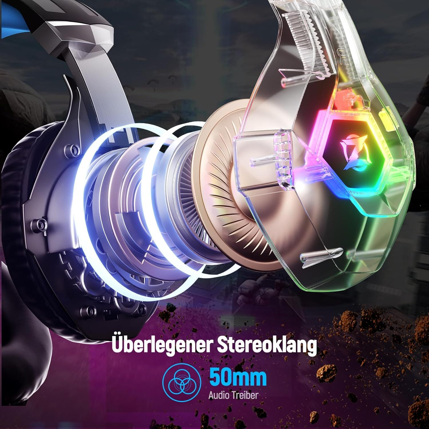 ozeino 3D Surround Sound Kopfhörer mit Mikrofon für Konsolen Gaming-Headset (Erlebe kristallklaren 3D Surround Sound für präzise Audioerlebnisse bei jedem Spiel auf PS5 und PC., Noise Cancelling Headset mit RGB Licht für PC und Laptop)