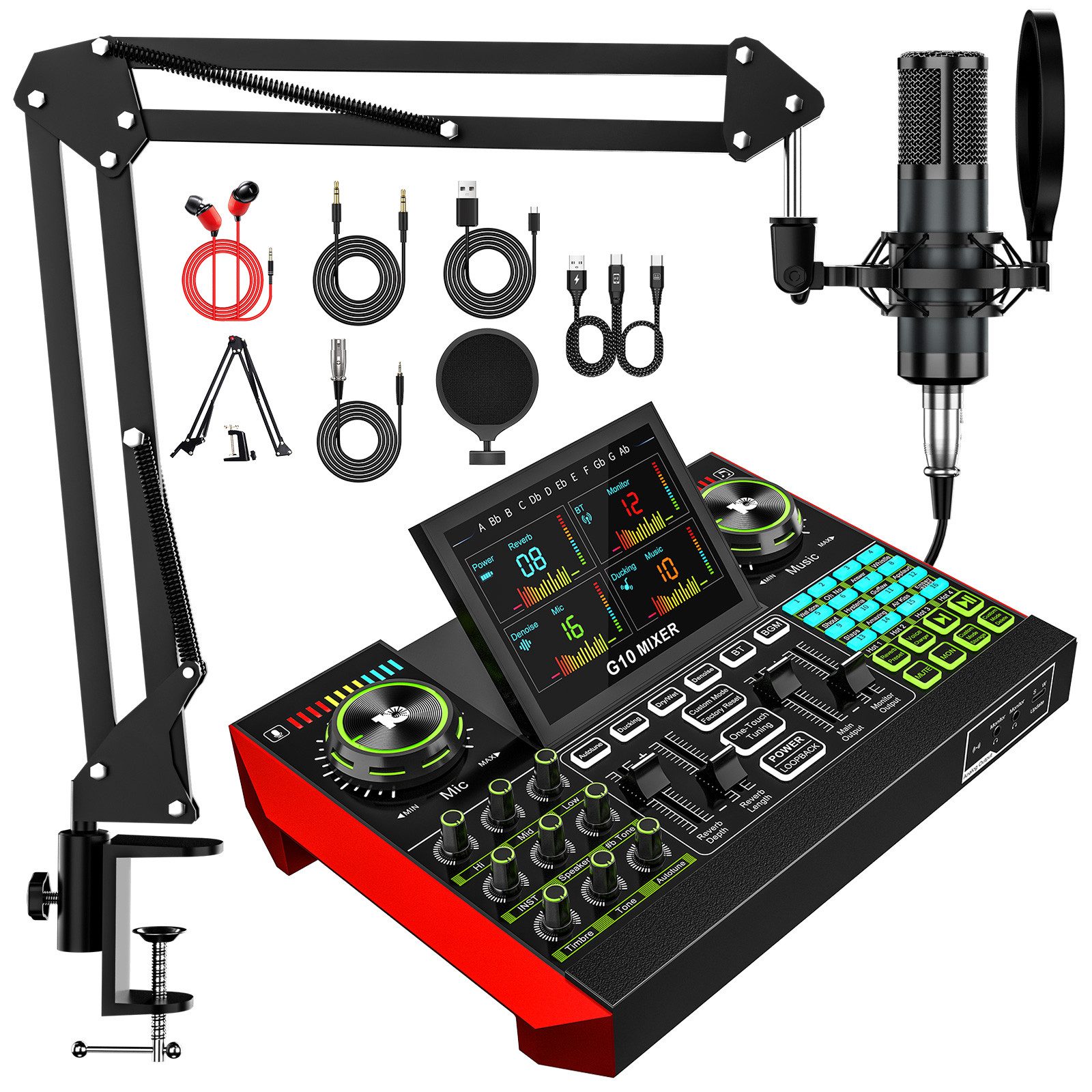 Tenlamp G10-P15B Podcast-Ausrüstungsset mit Audio-Mixer und Soundkarte Soundkarte